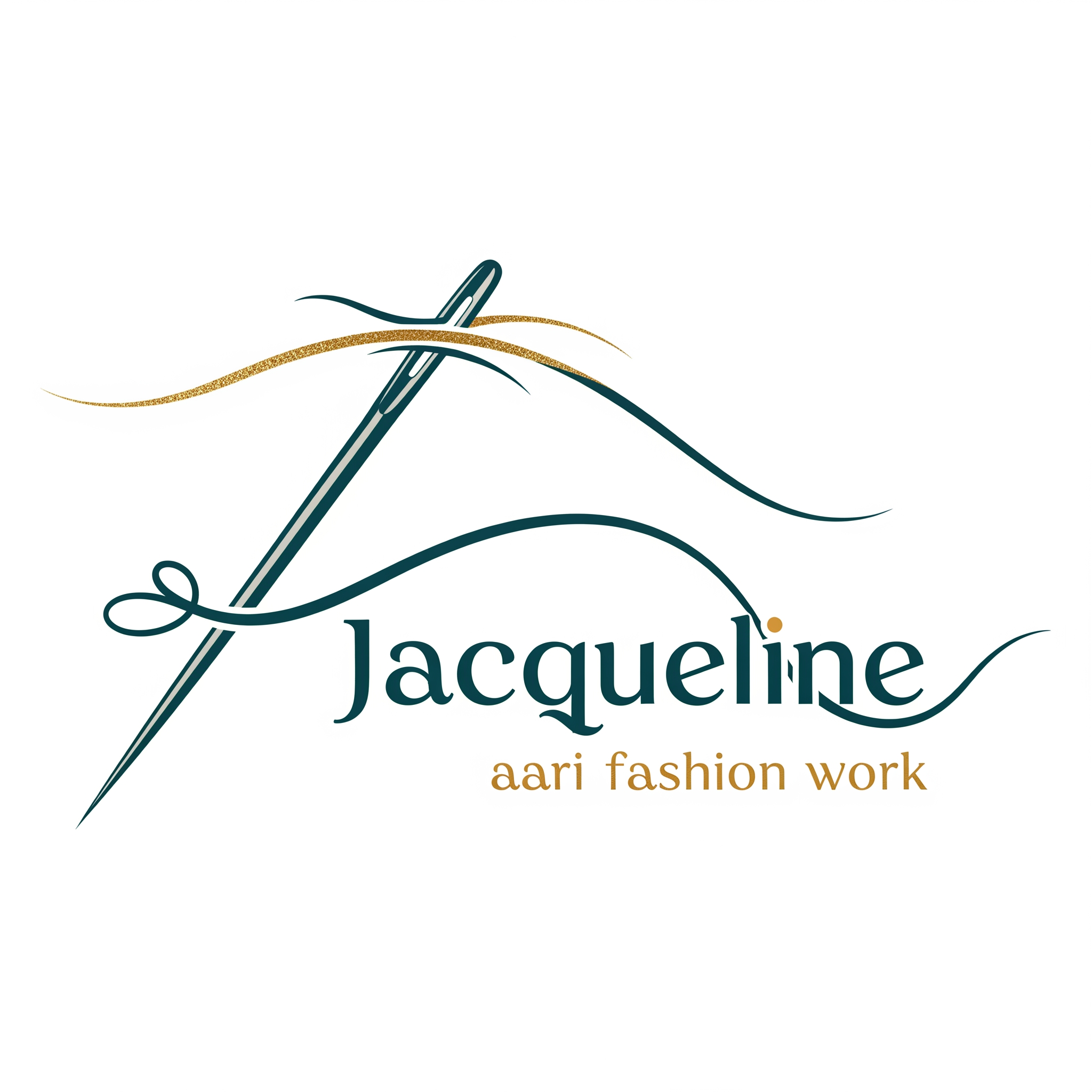 AI Design for a needle with thread logo for the company name Jacqueline ... tag name is aari fashion work...