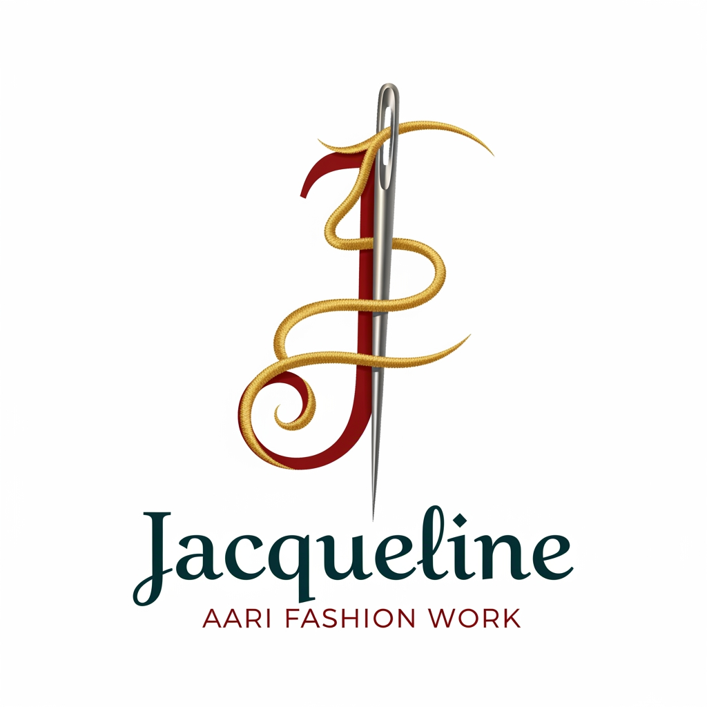AI Design for a needle with thread logo for the company name Jacqueline ... tag name is aari fashion work