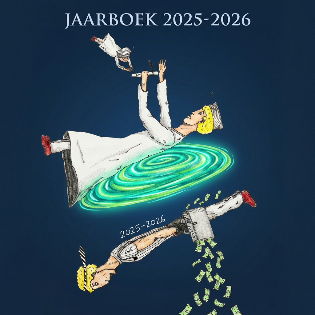 AI Design for kan je deze foto verwerken tot een kaft, mooier maken, scherper en er 'jaarboek 2025-2026' als titel in zetten en de achtergrond properder wit
maak exact hetzelfde maar als afbeelding dus nog niet op de kaft zelf,
geef er een neutrale donkerblauwe achtergrond bij en maak het portaal feller zoals het eerst eprobeersel.
Het laatste probeersel is perfect, laat het geld in de koffer ook langs beneden vallen en verwijder de onderste springplank