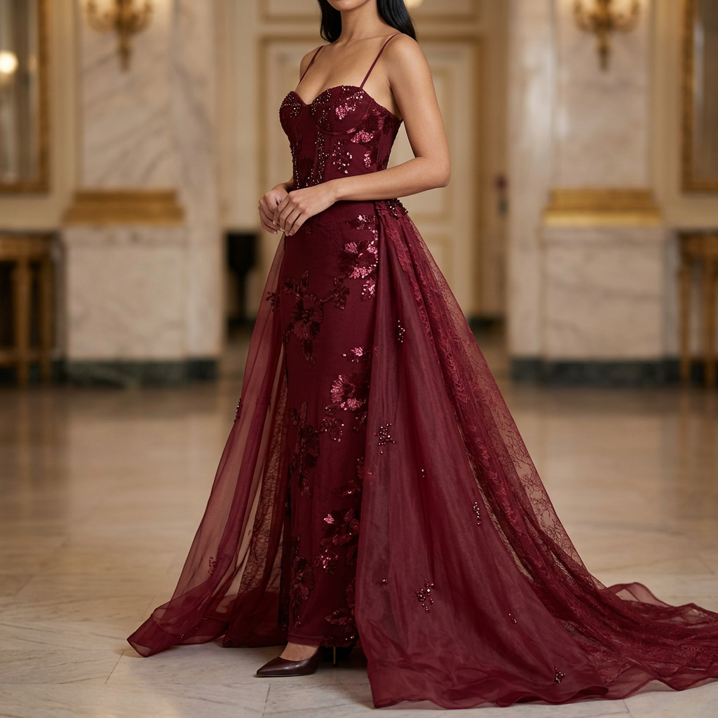AI Design for Make a gala gown out of this; I can sew things onto it or something. I want something grand but that is achievable to make myself. For example, I could attach a sort of veil to it in lace fabric or something.