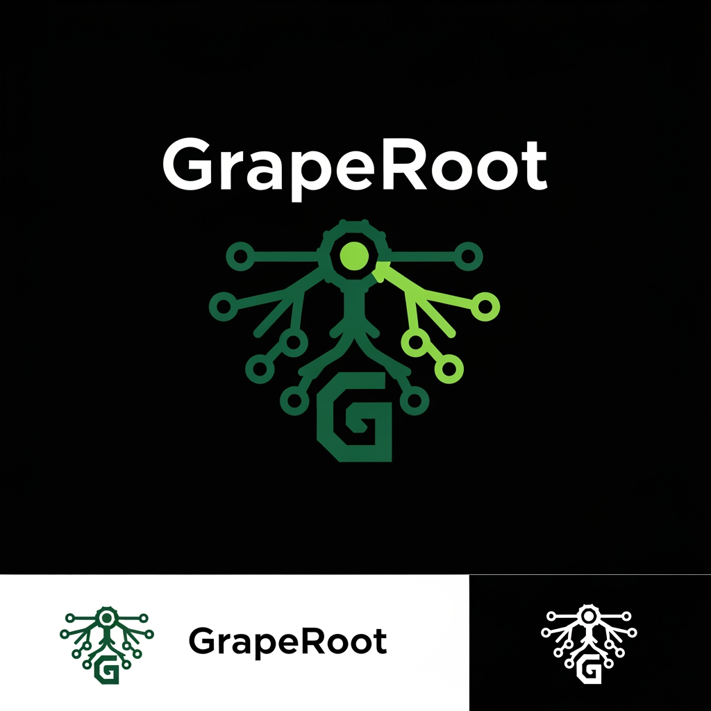 AI Design for Design a modern SaaS logo for "GrapeRoot", an AI context optimization platform that builds knowledge graphs of codebases to reduce LLM token usage.

Create a minimalist geometric symbol that combines:

a grapevine root system
a knowledge graph/network
repository intelligence
context compression

Style:

premium B2B developer tooling
clean, flat vector design
highly recognizable at 16px favicon size
inspired by Linear, Vercel, Cursor, Notion, and Stripe simplicity
no gradients
no 3D effects
no mascots
no letters inside the icon

Visual concept:

interconnected nodes forming a root structure
graph branches converge into a central intelligence core
subtle hidden "G" shape created through negative space
balanced symmetry
suitable for GitHub, terminal CLI, browser favicon, and website navbar

Colors:

primary: deep forest green (#174D3A)
accent: lime green (#C8FF2D)
monochrome version required

Background:

transparent
works on both light and dark themes

Deliverables:

favicon version
navbar icon
app icon
SVG-ready vector logo

Keywords:
graph intelligence, context engine, codebase mapping, AI infrastructure, MCP, repository graph, token efficiency, developer tools.