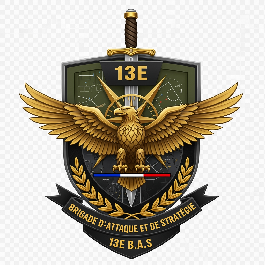 AI Design for Créer un emblème militaire professionnel ultra détaillé pour une unité fictive nommée "13E Brigade d'Attaque et de Stratégie (13E B.A.S)".

Style : emblème officiel militaire français moderne, mélange entre forces spéciales, brigade d'assaut et unité de commandement stratégique.

Éléments à intégrer :

Un grand bouclier militaire élégant.
Un aigle royal en position offensive symbolisant la puissance, la surveillance et la domination du champ de bataille.
Une rose des vents ou un compas militaire représentant la stratégie et le commandement.
Une carte tactique discrète en arrière-plan.
Le drapeau français intégré avec sobriété.
Une couronne de laurier symbolisant l'excellence et l'honneur.
Une épée ou une dague de combat représentant la capacité offensive.
Les inscriptions :
"13E"
"Brigade d'Attaque et de Stratégie"
"13E B.A.S"

Couleurs :

Vert olive militaire.
Noir mat.
Or métallisé.
Accents bleu, blanc, rouge.

Style graphique :

Logo vectoriel premium.
Aspect officiel et crédible.
Haute symétrie.
Très détaillé.
Finitions métalliques réalistes.
Éclairage cinématique.
Fond transparent.
Qualité 8K.
Aucun texte déformé.
Aucun effet cartoon.
Aucun style jeu vidéo ou e-sport.

Ambiance :
"Unité d'élite française spécialisée dans les opérations offensives, la planification stratégique et le commandement tactique."