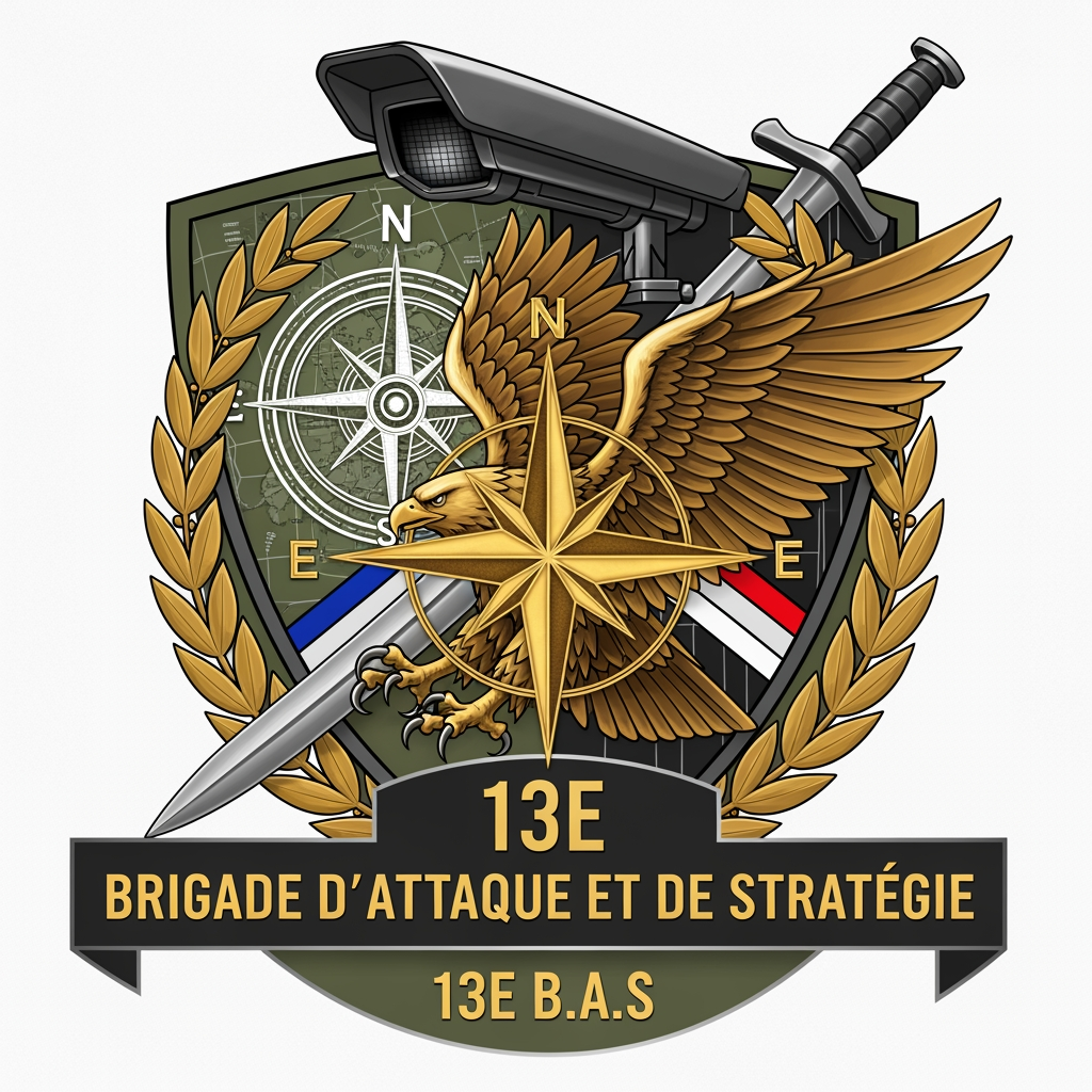 AI Design for Créer un emblème militaire professionnel ultra détaillé pour une unité fictive nommée "13E Brigade d'Attaque et de Stratégie (13E B.A.S)".

Style : emblème officiel militaire français moderne, mélange entre forces spéciales, brigade d'assaut et unité de commandement stratégique.

Éléments à intégrer :

Un grand bouclier militaire élégant.
Un aigle royal en position offensive symbolisant la puissance, la surveillance et la domination du champ de bataille.
Une rose des vents ou un compas militaire représentant la stratégie et le commandement.
Une carte tactique discrète en arrière-plan.
Le drapeau français intégré avec sobriété.
Une couronne de laurier symbolisant l'excellence et l'honneur.
Une épée ou une dague de combat représentant la capacité offensive.
Les inscriptions :
"13E"
"Brigade d'Attaque et de Stratégie"
"13E B.A.S"

Couleurs :

Vert olive militaire.
Noir mat.
Or métallisé.
Accents bleu, blanc, rouge.

Style graphique :

Logo vectoriel premium.
Aspect officiel et crédible.
Haute symétrie.
Très détaillé.
Finitions métalliques réalistes.
Éclairage cinématique.
Fond transparent.
Qualité 8K.
Aucun texte déformé.
Aucun effet cartoon.
Aucun style jeu vidéo ou e-sport.

Ambiance :
"Unité d'élite française spécialisée dans les opérations offensives, la planification stratégique et le commandement tactique."