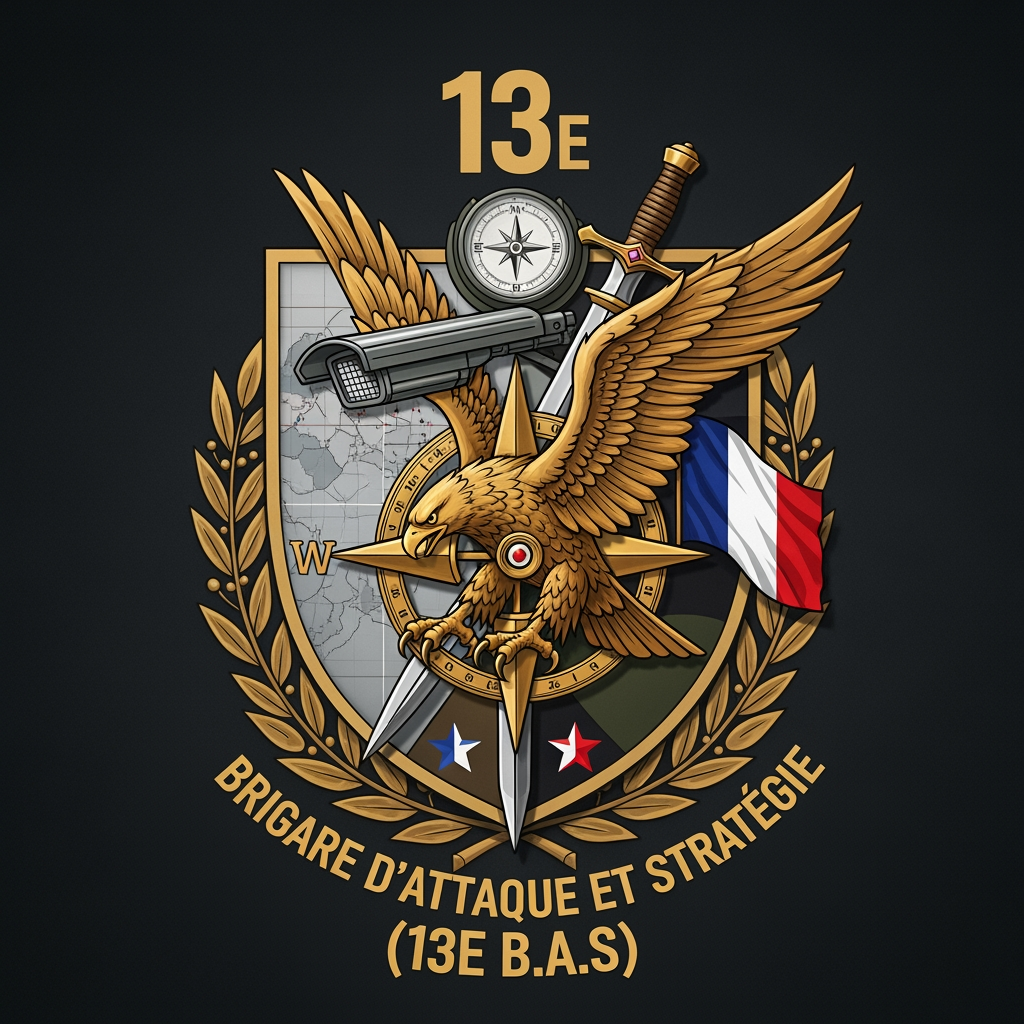 AI Design for Créer un emblème militaire professionnel ultra détaillé pour une unité fictive nommée "13E Brigade d'Attaque et de Stratégie (13E B.A.S)".

Style : emblème officiel militaire français moderne, mélange entre forces spéciales, brigade d'assaut et unité de commandement stratégique.

Éléments à intégrer :

Un grand bouclier militaire élégant.
Un aigle royal en position offensive symbolisant la puissance, la surveillance et la domination du champ de bataille.
Une rose des vents ou un compas militaire représentant la stratégie et le commandement.
Une carte tactique discrète en arrière-plan.
Le drapeau français intégré avec sobriété.
Une couronne de laurier symbolisant l'excellence et l'honneur.
Une épée ou une dague de combat représentant la capacité offensive.
Les inscriptions :
"13E"
"Brigade d'Attaque et de Stratégie"
"13E B.A.S"

Couleurs :

Vert olive militaire.
Noir mat.
Or métallisé.
Accents bleu, blanc, rouge.

Style graphique :

Logo vectoriel premium.
Aspect officiel et crédible.
Haute symétrie.
Très détaillé.
Finitions métalliques réalistes.
Éclairage cinématique.
Fond transparent.
Qualité 8K.
Aucun texte déformé.
Aucun effet cartoon.
Aucun style jeu vidéo ou e-sport.

Ambiance :
"Unité d'élite française spécialisée dans les opérations offensives, la planification stratégique et le commandement tactique."