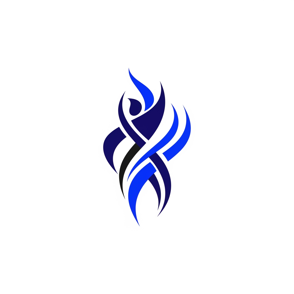 AI Design for Design a premium minimalist symbol representing human movement, adaptation and performance. Inspired by biomechanics, motor control and structured exercise. Elegant flowing geometric shapes. Use deep navy blue, electric royal blue, white and black. Luxury healthcare and sports science aesthetic. No dumbbells, no athletes, no medical symbols, no brains. Timeless vector logo suitable for a kinesiologist and rehabilitation specialist. White background. High-end brand identity.