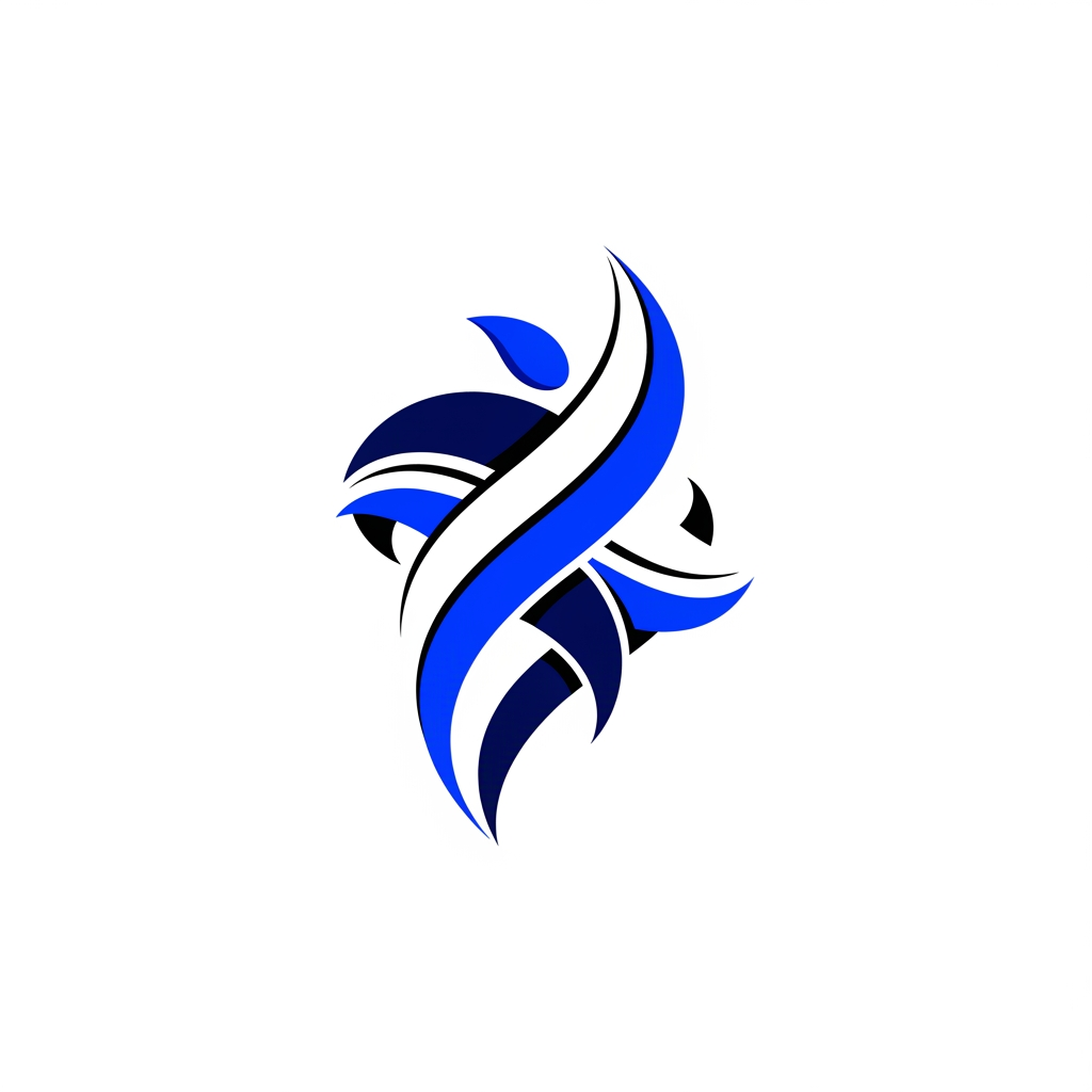 AI Design for Design a premium minimalist symbol representing human movement, adaptation and performance. Inspired by biomechanics, motor control and structured exercise. Elegant flowing geometric shapes. Use deep navy blue, electric royal blue, white and black. Luxury healthcare and sports science aesthetic. No dumbbells, no athletes, no medical symbols, no brains. Timeless vector logo suitable for a kinesiologist and rehabilitation specialist. White background. High-end brand identity.