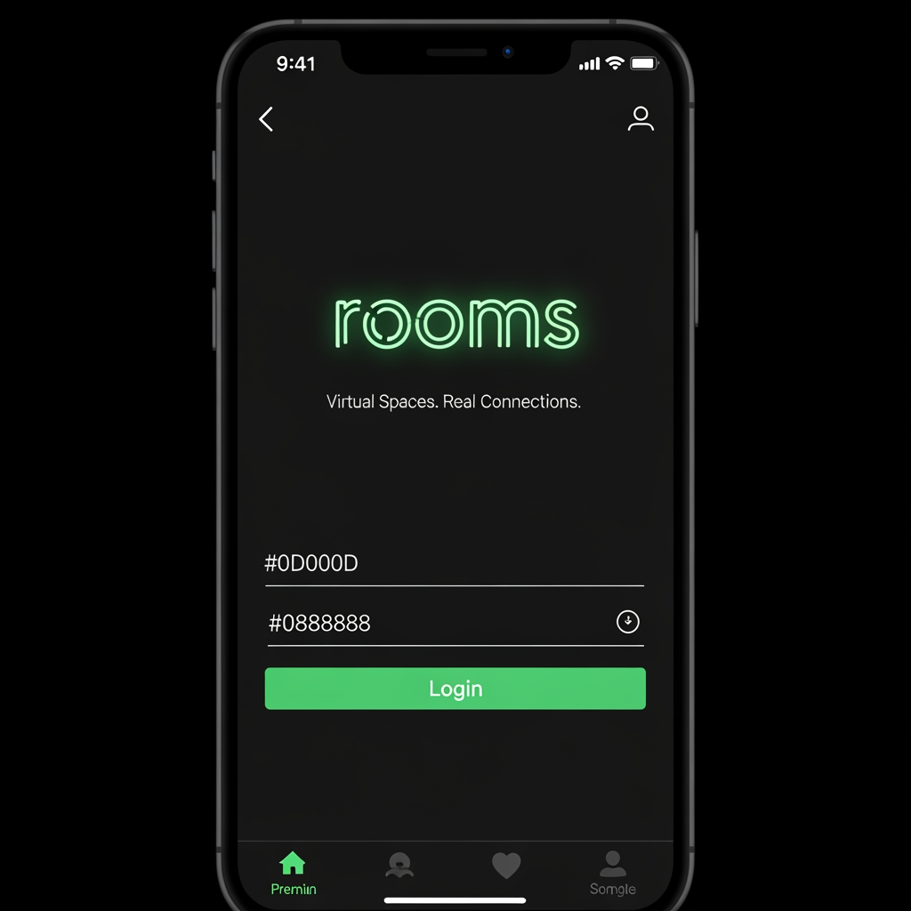 AI Design for Dark mobile app login screen for "Rooms" social platform. Black background #0D0D0D. Center: glowing green neon logo "rooms" with tagline "Virtual Spaces. Real Connections." below in #888. Email input field + password field with rounded corners, dark fill #1A1A1A, subtle green glow border on focus. Large green CTA button "Sign In" #00E87A. Divider "OR". Two social buttons: Google (white outlined), Apple (white outlined). Bottom: "New to Rooms? Create Account" in green. Status bar time 9:41. Clean, minimal, premium dark UI, 390x844px mobile frame --ar 9:19 --no gradients