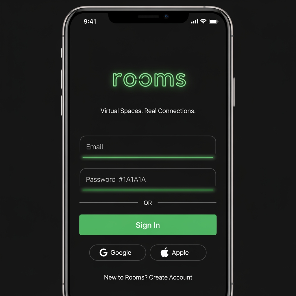 AI Design for Dark mobile app login screen for "Rooms" social platform. Black background #0D0D0D. Center: glowing green neon logo "rooms" with tagline "Virtual Spaces. Real Connections." below in #888. Email input field + password field with rounded corners, dark fill #1A1A1A, subtle green glow border on focus. Large green CTA button "Sign In" #00E87A. Divider "OR". Two social buttons: Google (white outlined), Apple (white outlined). Bottom: "New to Rooms? Create Account" in green. Status bar time 9:41. Clean, minimal, premium dark UI, 390x844px mobile frame --ar 9:19 --no gradients