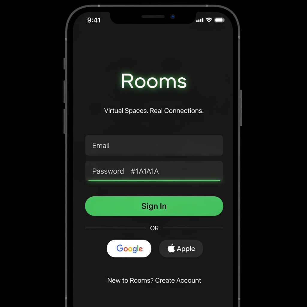 AI Design for Dark mobile app login screen for "Rooms" social platform. Black background #0D0D0D. Center: glowing green neon logo "rooms" with tagline "Virtual Spaces. Real Connections." below in #888. Email input field + password field with rounded corners, dark fill #1A1A1A, subtle green glow border on focus. Large green CTA button "Sign In" #00E87A. Divider "OR". Two social buttons: Google (white outlined), Apple (white outlined). Bottom: "New to Rooms? Create Account" in green. Status bar time 9:41. Clean, minimal, premium dark UI, 390x844px mobile frame --ar 9:19 --no gradients