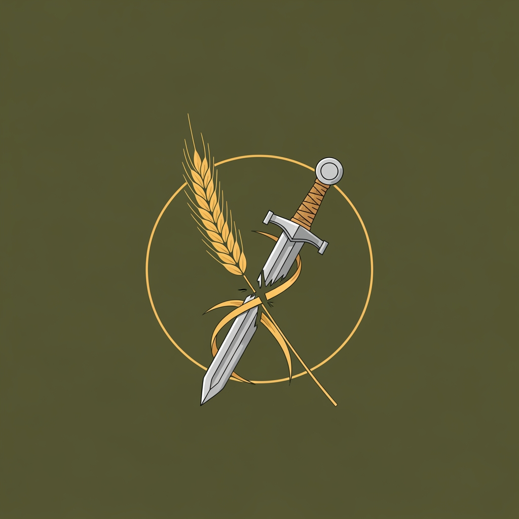 AI Design for A professional minimalist circular logo for a social media profile, featuring a single elegant stalk of golden wheat intertwined with a cleanly broken Viking sword. Solid, very dark olive green background. Clean vector graphics, flat design, cinematic atmospheric lighting, conveying a calm and peaceful psychological mood. High resolution, 8k, no typography, no words --no text