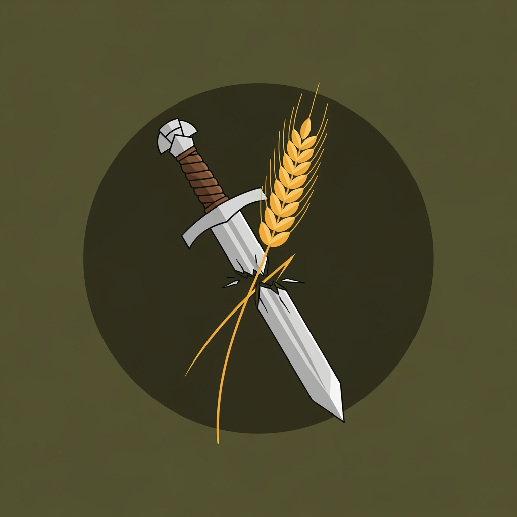 AI Design for A professional minimalist circular logo for a social media profile, featuring a single elegant stalk of golden wheat intertwined with a cleanly broken Viking sword. Solid, very dark olive green background. Clean vector graphics, flat design, cinematic atmospheric lighting, conveying a calm and peaceful psychological mood. High resolution, 8k, no typography, no words --no text