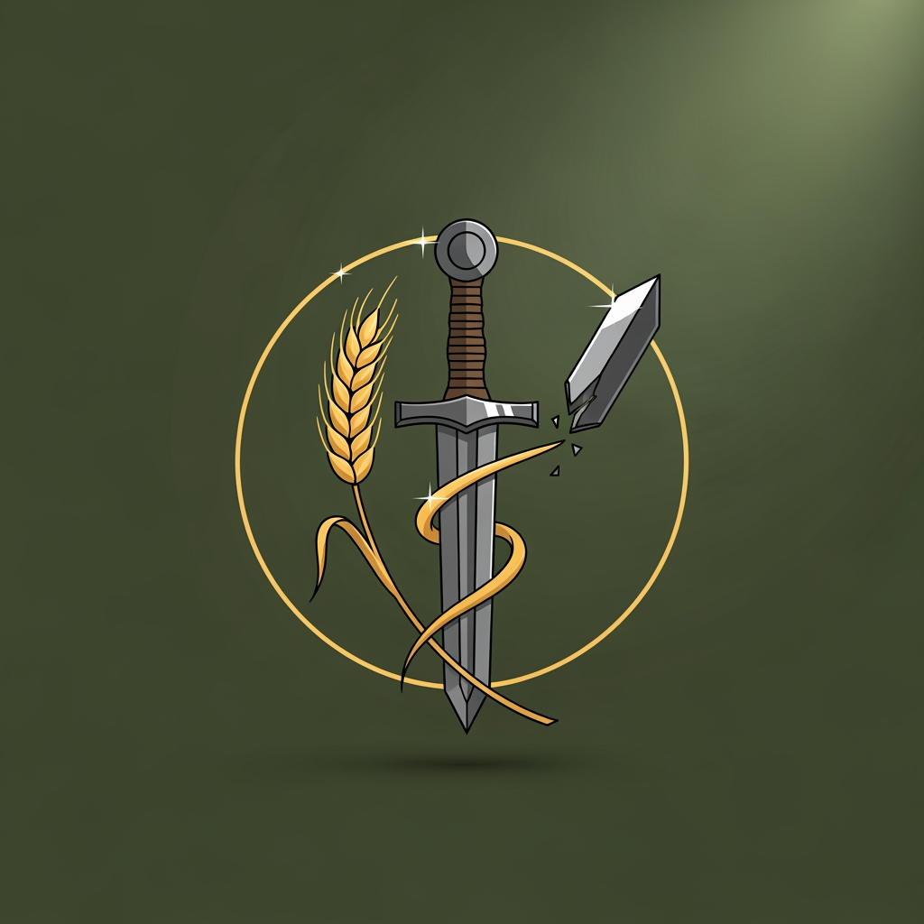 AI Design for A professional minimalist circular logo for a social media profile, featuring a single elegant stalk of golden wheat intertwined with a cleanly broken Viking sword. Solid, very dark olive green background. Clean vector graphics, flat design, cinematic atmospheric lighting, conveying a calm and peaceful psychological mood. High resolution, 8k, no typography, no words --no text