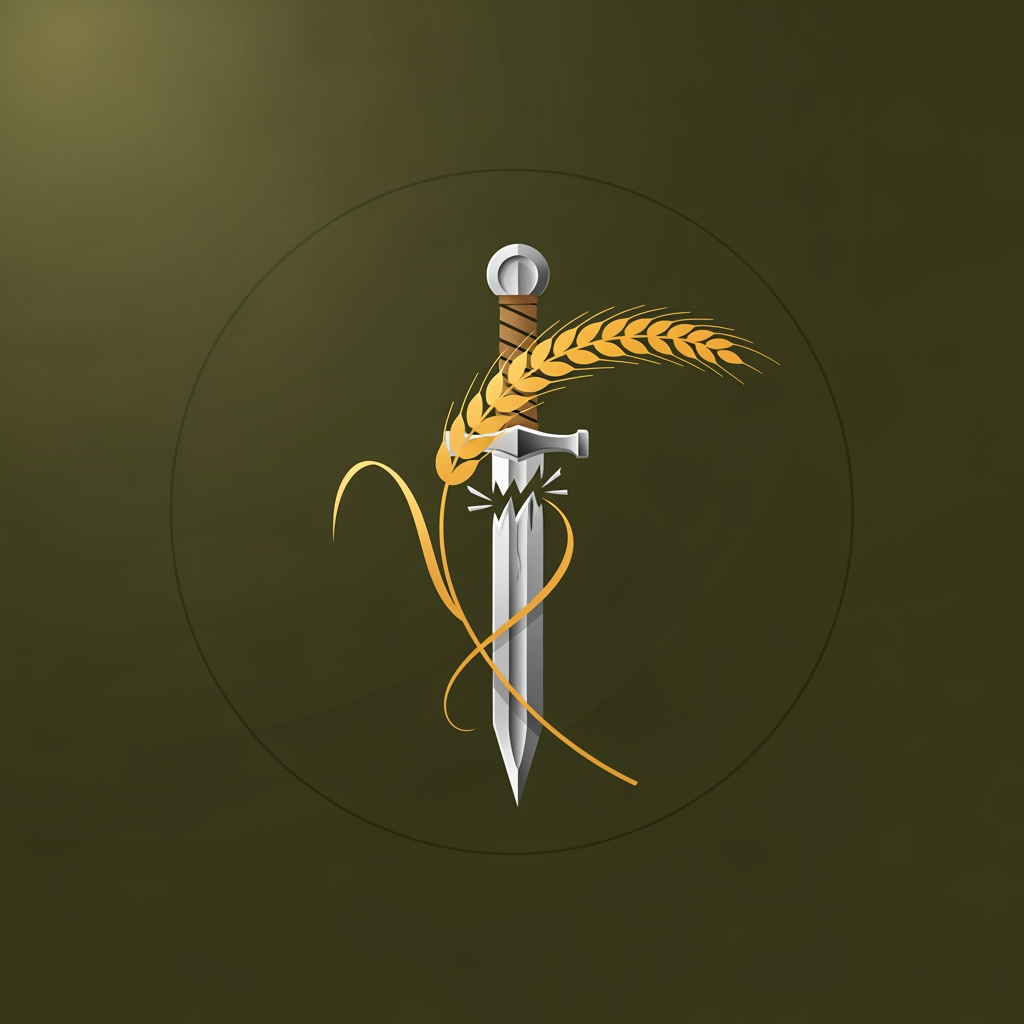AI Design for A professional minimalist circular logo for a social media profile, featuring a single elegant stalk of golden wheat intertwined with a cleanly broken Viking sword. Solid, very dark olive green background. Clean vector graphics, flat design, cinematic atmospheric lighting, conveying a calm and peaceful psychological mood. High resolution, 8k, no typography, no words --no text