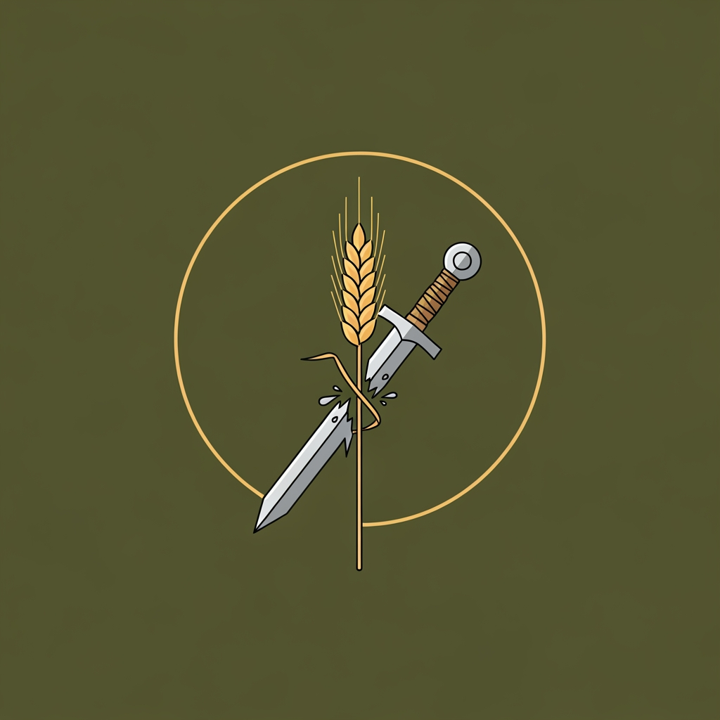 AI Design for A professional minimalist circular logo for a social media profile, featuring a single elegant stalk of golden wheat intertwined with a cleanly broken Viking sword. Solid, very dark olive green background. Clean vector graphics, flat design, cinematic atmospheric lighting, conveying a calm and peaceful psychological mood. High resolution, 8k, no typography, no words --no text