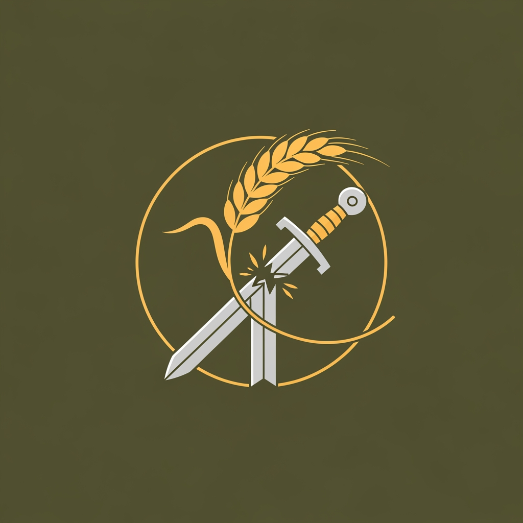 AI Design for A professional minimalist circular logo for a social media profile, featuring a single elegant stalk of golden wheat intertwined with a cleanly broken Viking sword. Solid, very dark olive green background. Clean vector graphics, flat design, cinematic atmospheric lighting, conveying a calm and peaceful psychological mood. High resolution, 8k, no typography, no words --no text