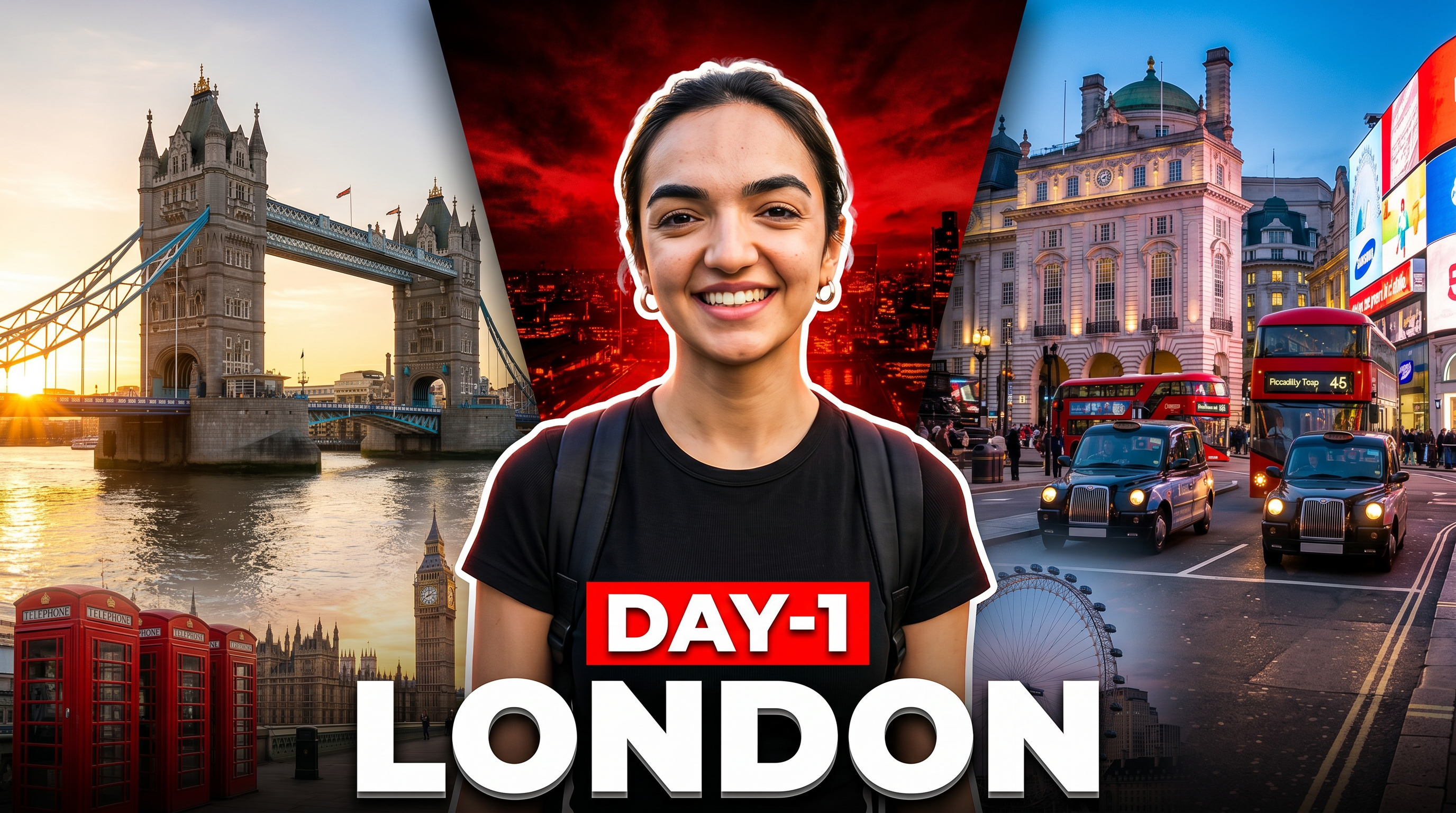 AI Design for Create an ultra-realistic 4K YouTube travel vlog thumbnail with a completely original composition inspired by a first-day London adventure.

A confident young travel vlogger stands in the center wearing a black t-shirt and backpack, looking directly at the camera with a determined expression. Add a subtle white outline and cinematic rim lighting around the subject for maximum separation.

The background is split into dynamic angled panels:
- Left panel: Tower Bridge at sunrise with the River Thames and golden morning light.
- Center panel: dramatic red and black cinematic texture with subtle city lights and depth effects behind the subject.
- Right panel: Piccadilly Circus and iconic London streets glowing with evening lights, double-decker buses, black taxis, and vibrant urban energy.

Include additional subtle London elements such as Big Ben, the London Eye skyline silhouette, and red telephone booths blended naturally into the composition.

At the bottom, create huge premium bold text:
DAY-1
LONDON

Use oversized white typography with realistic shadows and a red accent box behind "DAY-1" for maximum CTR.

Style: MrBeast-level thumbnail quality, ultra HDR, hyper realistic, cinematic lighting, dramatic contrast, vibrant colors, volumetric lighting, depth of field, ultra sharp focus, realistic reflections, premium color grading, luxury travel aesthetic, glowing highlights, high detail textures, 16:9 aspect ratio, 4K, extremely clickable, no watermark, no blur, masterpiece quality.