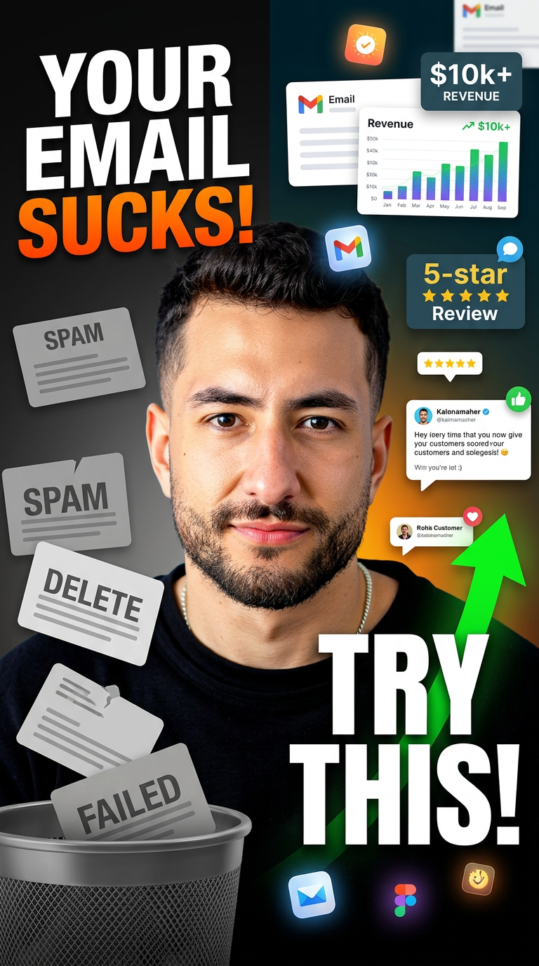 AI Design for Create an ultra high-quality 4K YouTube thumbnail for an email marketing success video. A confident young entrepreneur is centered, looking directly at the camera with a clean modern hairstyle and realistic facial details. The left side shows dull, grey, spam-like email cards falling into a trash bin with bold text: "YOUR EMAIL SUCKS". The right side is bright and vibrant with successful email notifications, positive customer messages, rising revenue popups, and a glowing green upward chart with bold text: "TRY THIS". Add floating notification cards with realistic UI design, sales increases, customer testimonials, and clean email icons. Use dramatic cinematic lighting, high contrast, sharp focus, depth of field, vibrant colors, glossy effects, subtle glow, premium business aesthetic, modern YouTube thumbnail composition, eye-catching typography, professional color grading, photorealistic skin texture, ultra-detailed, HDR, crisp edges, viral click-through-rate design, 16:9 aspect ratio, extremely clean, no watermark, no blur, 4K, hyper realistic.