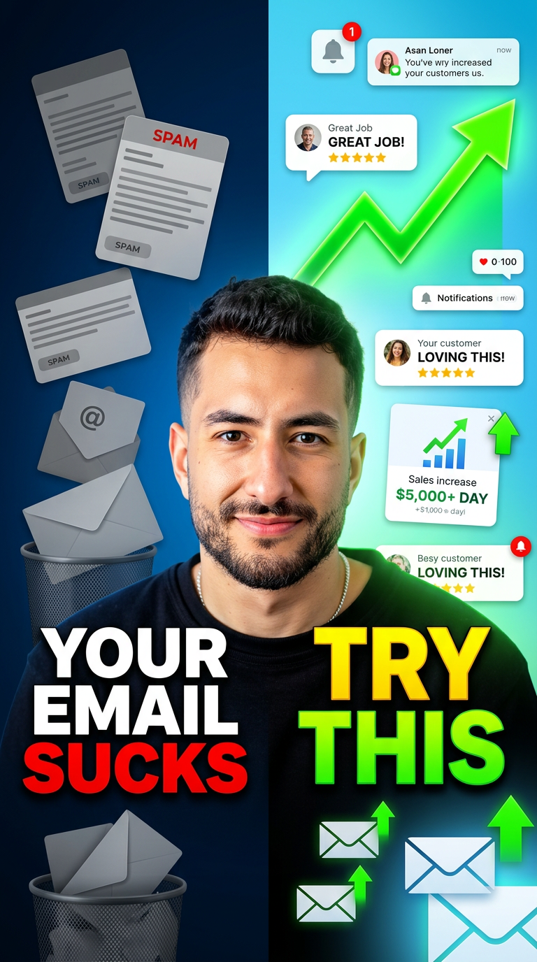 AI Design for Create an ultra high-quality 4K YouTube thumbnail for an email marketing success video. A confident young entrepreneur is centered, looking directly at the camera with a clean modern hairstyle and realistic facial details. The left side shows dull, grey, spam-like email cards falling into a trash bin with bold text: "YOUR EMAIL SUCKS". The right side is bright and vibrant with successful email notifications, positive customer messages, rising revenue popups, and a glowing green upward chart with bold text: "TRY THIS". Add floating notification cards with realistic UI design, sales increases, customer testimonials, and clean email icons. Use dramatic cinematic lighting, high contrast, sharp focus, depth of field, vibrant colors, glossy effects, subtle glow, premium business aesthetic, modern YouTube thumbnail composition, eye-catching typography, professional color grading, photorealistic skin texture, ultra-detailed, HDR, crisp edges, viral click-through-rate design, 16:9 aspect ratio, extremely clean, no watermark, no blur, 4K, hyper realistic.