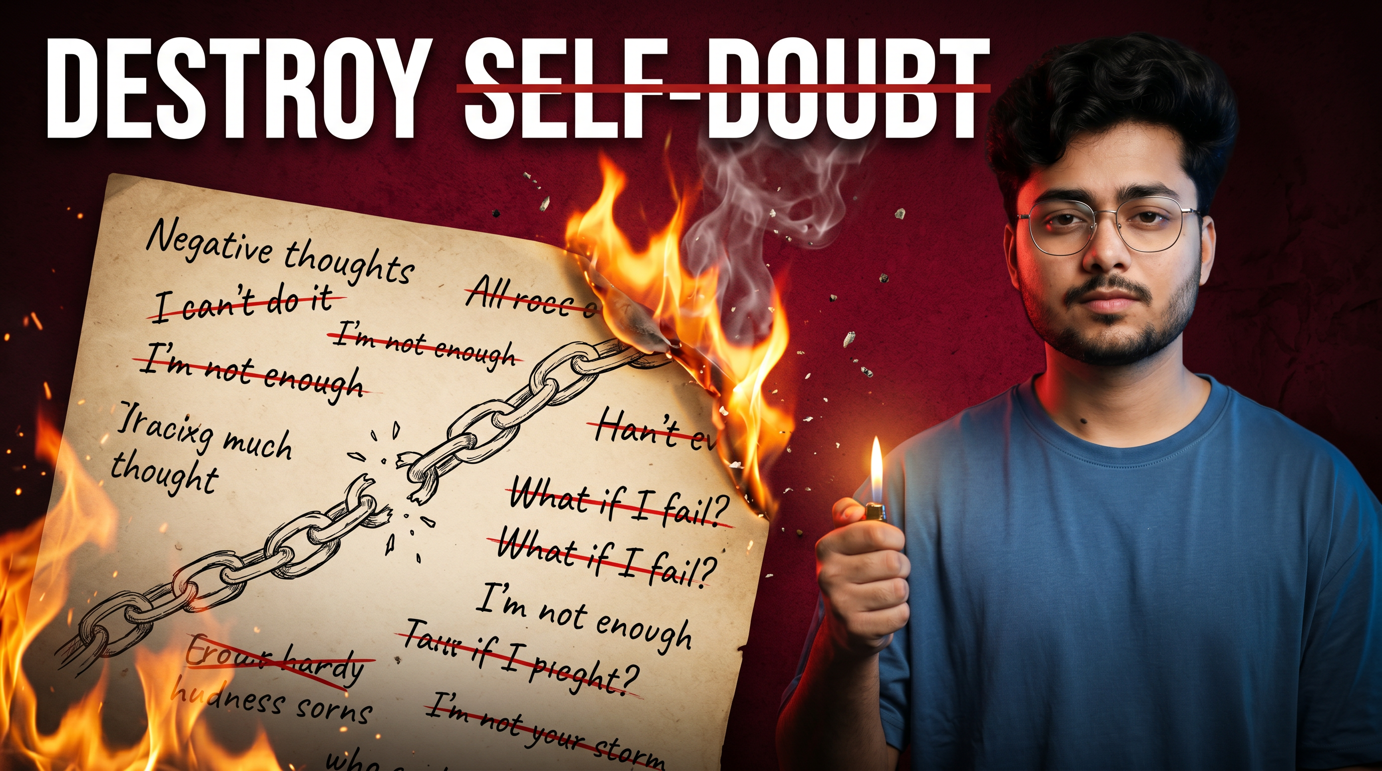AI Design for Create an ultra-realistic 4K YouTube thumbnail about overcoming self-doubt with a completely original composition. A confident young man stands dramatically on the right side, illuminated by warm cinematic lighting, holding a lighter with a vivid flame. In front of him, a large aged paper filled with hand-drawn psychological sketches, broken chains, negative thoughts, and crossed-out limiting beliefs is partially burning from one edge, with realistic fire, glowing embers, and smoke effects.

The background is a dark textured crimson wall with subtle cracks and dramatic shadows, creating an intense emotional atmosphere. Instead of copying existing layouts, use a unique composition with dynamic depth, floating ash particles, cinematic rim lighting, volumetric glow, and high contrast.

Place a bold headline at the top:
"DESTROY SELF-DOUBT"
with a strike-through effect across the words "SELF-DOUBT" and premium white typography with subtle shadows.

On the burning paper, include handwritten negative thoughts such as:
"I can't do it"
"I'm not enough"
"What if I fail?"
"Too late to start"
"No one believes in me"

Some words should be crossed out in red, symbolizing transformation and growth.

Use hyper-realistic skin texture, sharp facial details, HDR lighting, ultra-clean composition, orange fire glow, premium color grading, dramatic storytelling, crisp focus, realistic smoke, glowing sparks, emotional expression, viral YouTube thumbnail style, extremely high CTR, masterpiece quality, 16:9 aspect ratio, 4K, no watermark, no logo, no blur.