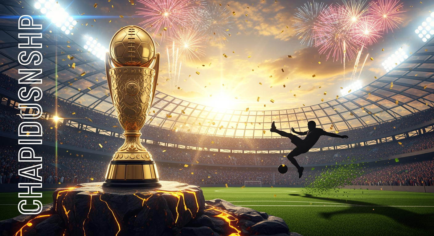 AI Design for Create an ultra-realistic 4K YouTube thumbnail inspired by the excitement of a global football championship, but with a completely original composition. A massive golden championship trophy dominates the foreground on a dramatic rocky platform with glowing reflections and intricate details. Behind it, a breathtaking futuristic football stadium is packed with millions of fans under golden sunset light and cinematic volumetric rays. A legendary football player silhouette performs an incredible bicycle kick in the center of the field with motion blur and flying grass particles. Fireworks explode across the sky, confetti fills the air, and powerful spotlights create an epic atmosphere.

On the left side, place a bold modern championship-style title with premium white and gold typography, glowing outlines, and dynamic composition without copying any existing design. Add subtle light streaks, floating dust particles, dramatic shadows, HDR lighting, lens flare, realistic depth of field, ultra-sharp focus, premium color grading, vibrant contrast, glossy reflections, cinematic storytelling, high-energy sports atmosphere, hyper-detailed textures, luxury visual style, viral YouTube thumbnail aesthetics, 16:9 composition, no watermark, no logo recreation, no blur, photorealistic, masterpiece quality, 4K, extremely high CTR design.