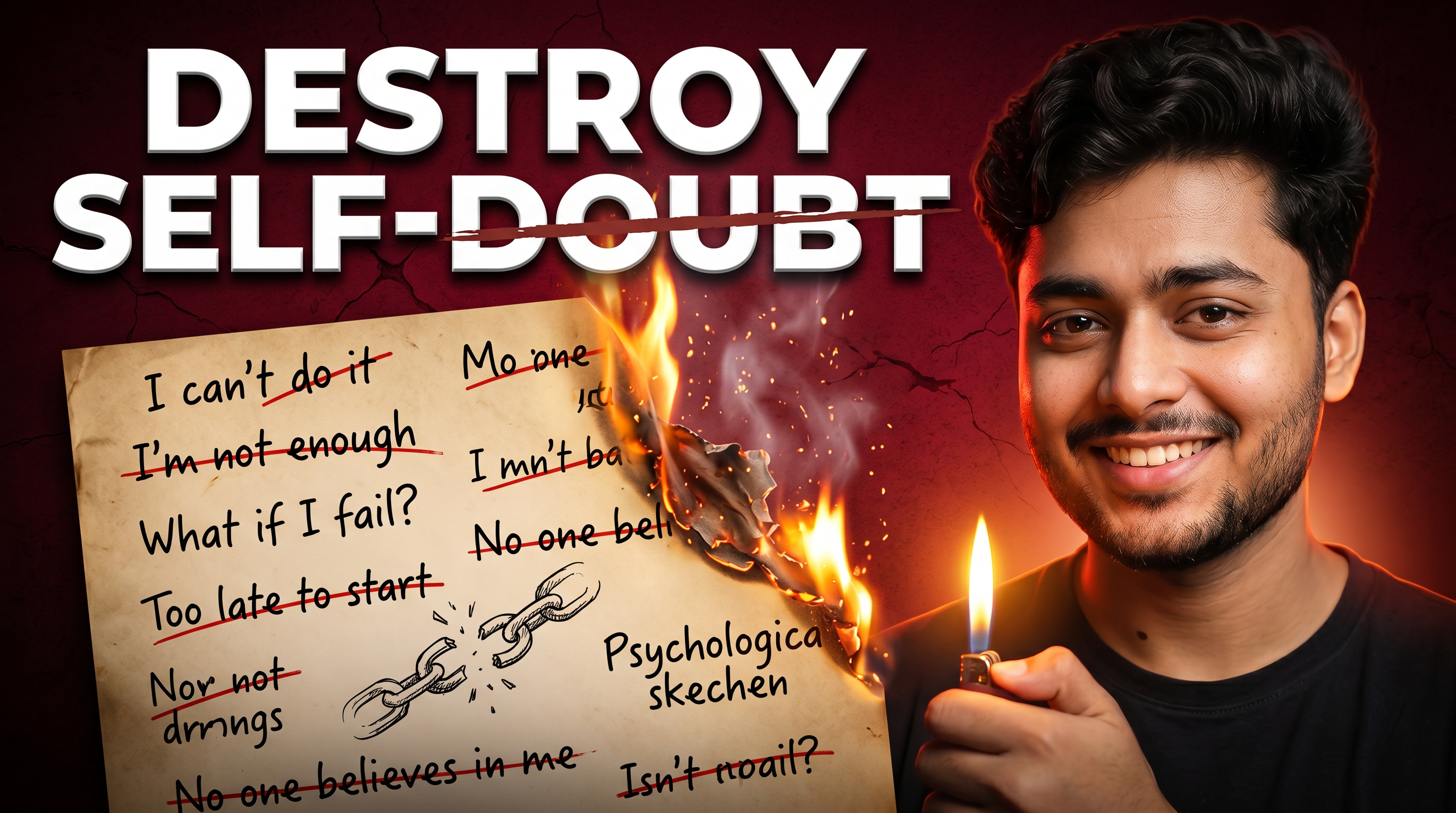 AI Design for Create an ultra-realistic 4K YouTube thumbnail about overcoming self-doubt with a completely original composition. A confident young man stands dramatically on the right side, illuminated by warm cinematic lighting, holding a lighter with a vivid flame. In front of him, a large aged paper filled with hand-drawn psychological sketches, broken chains, negative thoughts, and crossed-out limiting beliefs is partially burning from one edge, with realistic fire, glowing embers, and smoke effects.

The background is a dark textured crimson wall with subtle cracks and dramatic shadows, creating an intense emotional atmosphere. Instead of copying existing layouts, use a unique composition with dynamic depth, floating ash particles, cinematic rim lighting, volumetric glow, and high contrast.

Place a bold headline at the top:
"DESTROY SELF-DOUBT"
with a strike-through effect across the words "SELF-DOUBT" and premium white typography with subtle shadows.

On the burning paper, include handwritten negative thoughts such as:
"I can't do it"
"I'm not enough"
"What if I fail?"
"Too late to start"
"No one believes in me"

Some words should be crossed out in red, symbolizing transformation and growth.

Use hyper-realistic skin texture, sharp facial details, HDR lighting, ultra-clean composition, orange fire glow, premium color grading, dramatic storytelling, crisp focus, realistic smoke, glowing sparks, emotional expression, viral YouTube thumbnail style, extremely high CTR, masterpiece quality, 16:9 aspect ratio, 4K, no watermark, no logo, no blur.