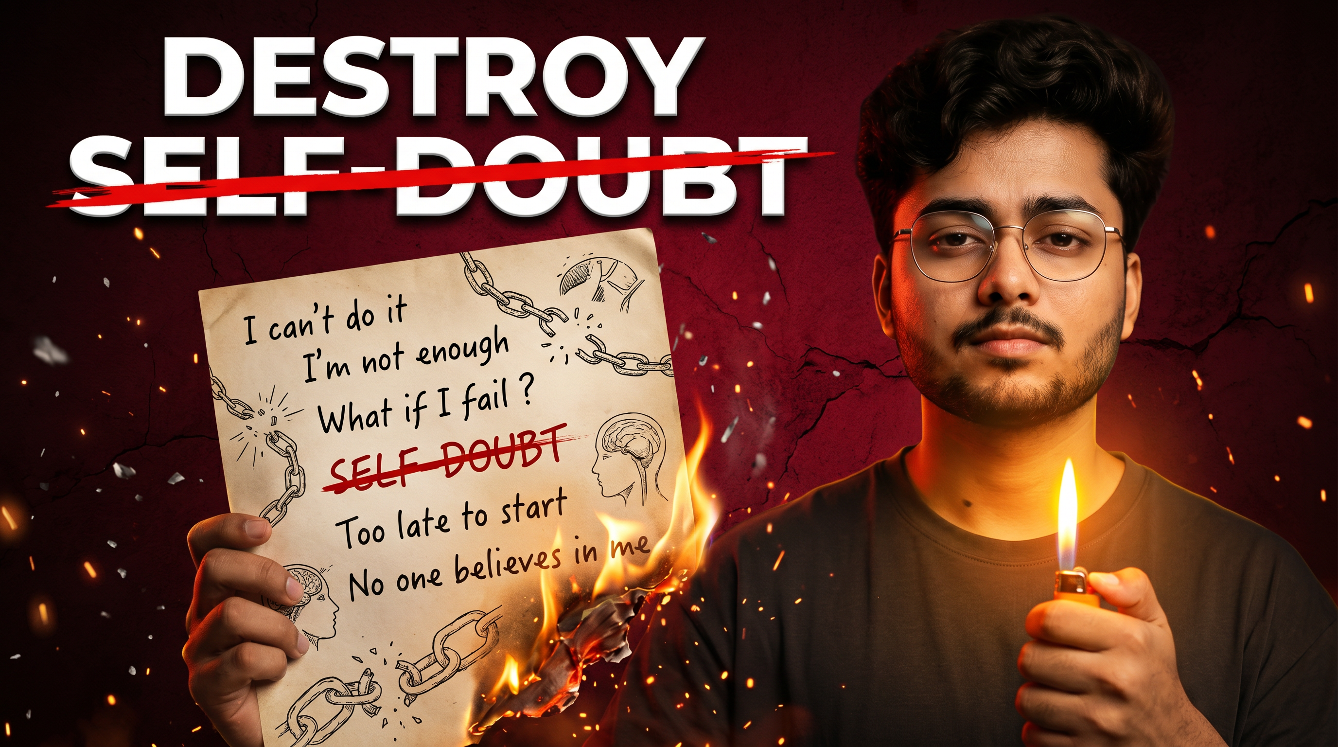 AI Design for Create an ultra-realistic 4K YouTube thumbnail about overcoming self-doubt with a completely original composition. A confident young man stands dramatically on the right side, illuminated by warm cinematic lighting, holding a lighter with a vivid flame. In front of him, a large aged paper filled with hand-drawn psychological sketches, broken chains, negative thoughts, and crossed-out limiting beliefs is partially burning from one edge, with realistic fire, glowing embers, and smoke effects.

The background is a dark textured crimson wall with subtle cracks and dramatic shadows, creating an intense emotional atmosphere. Instead of copying existing layouts, use a unique composition with dynamic depth, floating ash particles, cinematic rim lighting, volumetric glow, and high contrast.

Place a bold headline at the top:
"DESTROY SELF-DOUBT"
with a strike-through effect across the words "SELF-DOUBT" and premium white typography with subtle shadows.

On the burning paper, include handwritten negative thoughts such as:
"I can't do it"
"I'm not enough"
"What if I fail?"
"Too late to start"
"No one believes in me"

Some words should be crossed out in red, symbolizing transformation and growth.

Use hyper-realistic skin texture, sharp facial details, HDR lighting, ultra-clean composition, orange fire glow, premium color grading, dramatic storytelling, crisp focus, realistic smoke, glowing sparks, emotional expression, viral YouTube thumbnail style, extremely high CTR, masterpiece quality, 16:9 aspect ratio, 4K, no watermark, no logo, no blur.