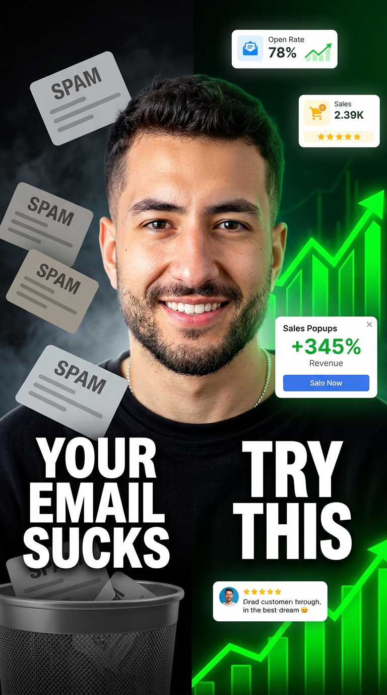AI Design for Create an ultra high-quality 4K YouTube thumbnail for an email marketing success video. A confident young entrepreneur is centered, looking directly at the camera with a clean modern hairstyle and realistic facial details. The left side shows dull, grey, spam-like email cards falling into a trash bin with bold text: "YOUR EMAIL SUCKS". The right side is bright and vibrant with successful email notifications, positive customer messages, rising revenue popups, and a glowing green upward chart with bold text: "TRY THIS". Add floating notification cards with realistic UI design, sales increases, customer testimonials, and clean email icons. Use dramatic cinematic lighting, high contrast, sharp focus, depth of field, vibrant colors, glossy effects, subtle glow, premium business aesthetic, modern YouTube thumbnail composition, eye-catching typography, professional color grading, photorealistic skin texture, ultra-detailed, HDR, crisp edges, viral click-through-rate design, 16:9 aspect ratio, extremely clean, no watermark, no blur, 4K, hyper realistic.