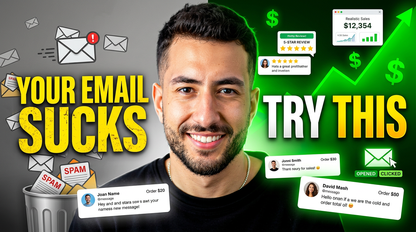 AI Design for Create an ultra high-quality 4K YouTube thumbnail for an email marketing success video. A confident young entrepreneur is centered, looking directly at the camera with a clean modern hairstyle and realistic facial details. The left side shows dull, grey, spam-like email cards falling into a trash bin with bold text: "YOUR EMAIL SUCKS". The right side is bright and vibrant with successful email notifications, positive customer messages, rising revenue popups, and a glowing green upward chart with bold text: "TRY THIS". Add floating notification cards with realistic UI design, sales increases, customer testimonials, and clean email icons. Use dramatic cinematic lighting, high contrast, sharp focus, depth of field, vibrant colors, glossy effects, subtle glow, premium business aesthetic, modern YouTube thumbnail composition, eye-catching typography, professional color grading, photorealistic skin texture, ultra-detailed, HDR, crisp edges, viral click-through-rate design, 16:9 aspect ratio, extremely clean, no watermark, no blur, 4K, hyper realistic.
