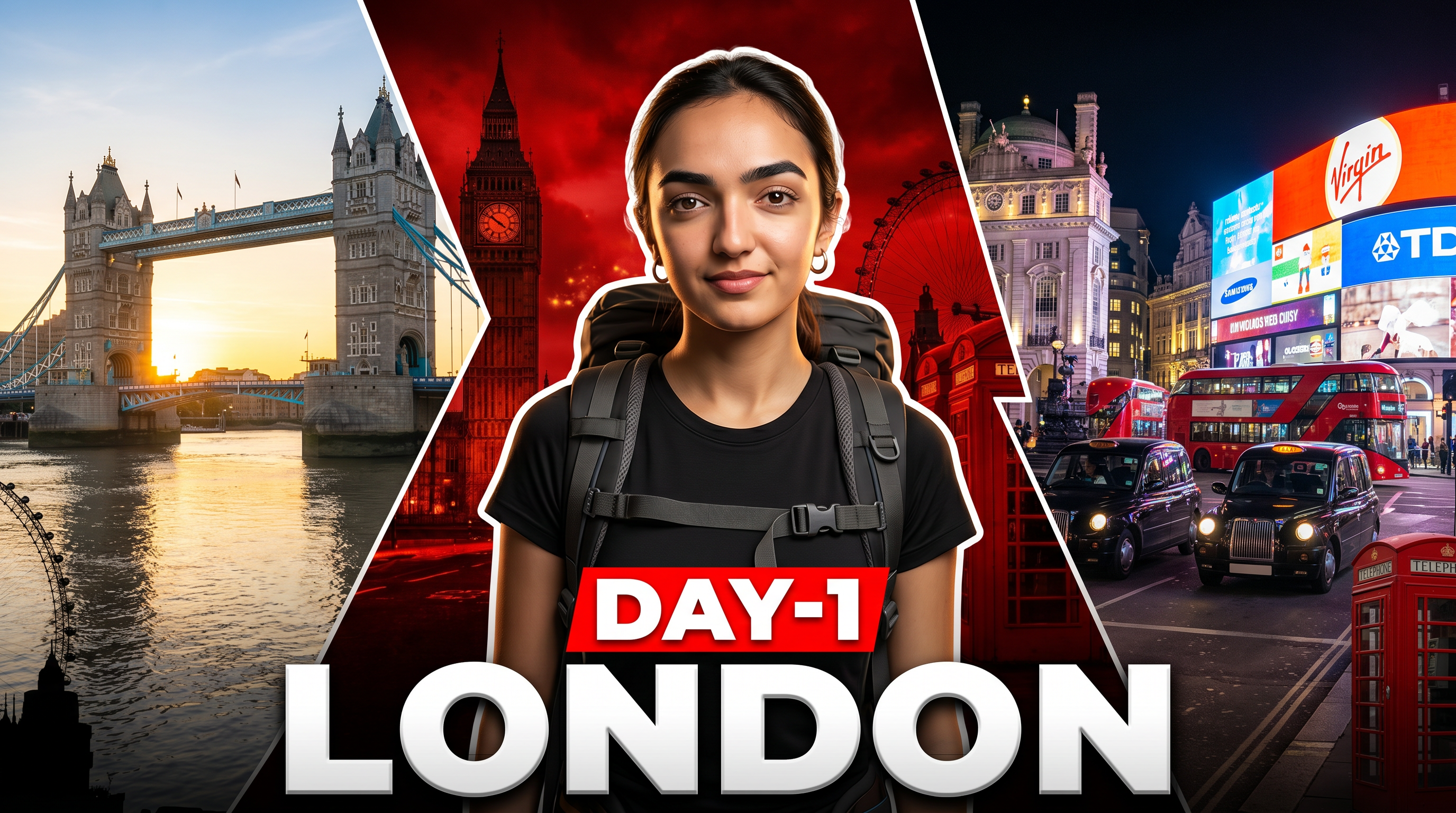 AI Design for Create an ultra-realistic 4K YouTube travel vlog thumbnail with a completely original composition inspired by a first-day London adventure.

A confident young travel vlogger stands in the center wearing a black t-shirt and backpack, looking directly at the camera with a determined expression. Add a subtle white outline and cinematic rim lighting around the subject for maximum separation.

The background is split into dynamic angled panels:
- Left panel: Tower Bridge at sunrise with the River Thames and golden morning light.
- Center panel: dramatic red and black cinematic texture with subtle city lights and depth effects behind the subject.
- Right panel: Piccadilly Circus and iconic London streets glowing with evening lights, double-decker buses, black taxis, and vibrant urban energy.

Include additional subtle London elements such as Big Ben, the London Eye skyline silhouette, and red telephone booths blended naturally into the composition.

At the bottom, create huge premium bold text:
DAY-1
LONDON

Use oversized white typography with realistic shadows and a red accent box behind "DAY-1" for maximum CTR.

Style: MrBeast-level thumbnail quality, ultra HDR, hyper realistic, cinematic lighting, dramatic contrast, vibrant colors, volumetric lighting, depth of field, ultra sharp focus, realistic reflections, premium color grading, luxury travel aesthetic, glowing highlights, high detail textures, 16:9 aspect ratio, 4K, extremely clickable, no watermark, no blur, masterpiece quality.