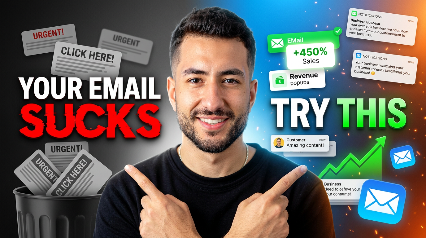 AI Design for Create an ultra high-quality 4K YouTube thumbnail for an email marketing success video. A confident young entrepreneur is centered, looking directly at the camera with a clean modern hairstyle and realistic facial details. The left side shows dull, grey, spam-like email cards falling into a trash bin with bold text: "YOUR EMAIL SUCKS". The right side is bright and vibrant with successful email notifications, positive customer messages, rising revenue popups, and a glowing green upward chart with bold text: "TRY THIS". Add floating notification cards with realistic UI design, sales increases, customer testimonials, and clean email icons. Use dramatic cinematic lighting, high contrast, sharp focus, depth of field, vibrant colors, glossy effects, subtle glow, premium business aesthetic, modern YouTube thumbnail composition, eye-catching typography, professional color grading, photorealistic skin texture, ultra-detailed, HDR, crisp edges, viral click-through-rate design, 16:9 aspect ratio, extremely clean, no watermark, no blur, 4K, hyper realistic.