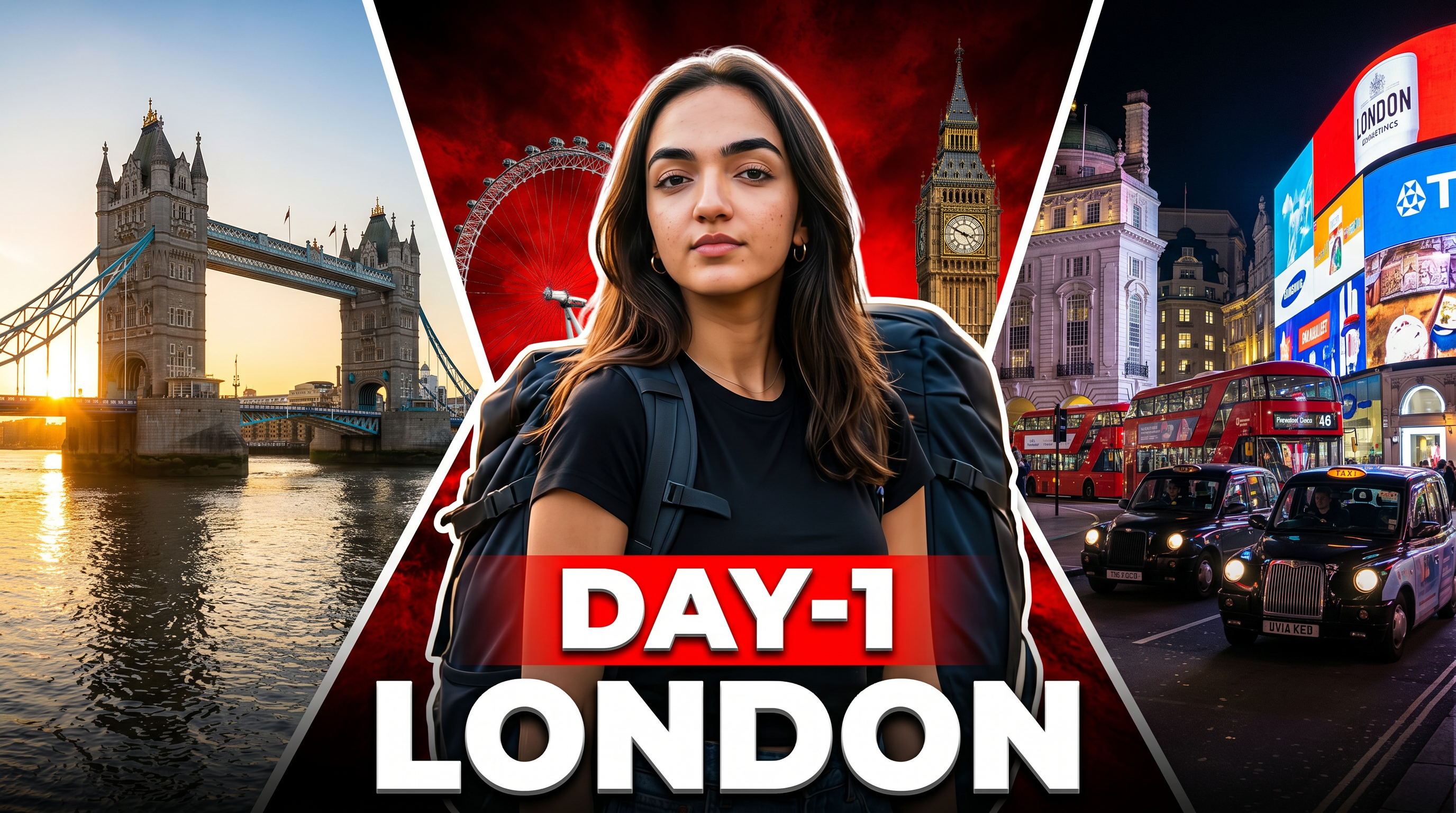 AI Design for Create an ultra-realistic 4K YouTube travel vlog thumbnail with a completely original composition inspired by a first-day London adventure.

A confident young travel vlogger stands in the center wearing a black t-shirt and backpack, looking directly at the camera with a determined expression. Add a subtle white outline and cinematic rim lighting around the subject for maximum separation.

The background is split into dynamic angled panels:
- Left panel: Tower Bridge at sunrise with the River Thames and golden morning light.
- Center panel: dramatic red and black cinematic texture with subtle city lights and depth effects behind the subject.
- Right panel: Piccadilly Circus and iconic London streets glowing with evening lights, double-decker buses, black taxis, and vibrant urban energy.

Include additional subtle London elements such as Big Ben, the London Eye skyline silhouette, and red telephone booths blended naturally into the composition.

At the bottom, create huge premium bold text:
DAY-1
LONDON

Use oversized white typography with realistic shadows and a red accent box behind "DAY-1" for maximum CTR.

Style: MrBeast-level thumbnail quality, ultra HDR, hyper realistic, cinematic lighting, dramatic contrast, vibrant colors, volumetric lighting, depth of field, ultra sharp focus, realistic reflections, premium color grading, luxury travel aesthetic, glowing highlights, high detail textures, 16:9 aspect ratio, 4K, extremely clickable, no watermark, no blur, masterpiece quality.