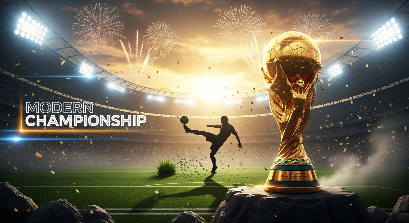 AI Design for Create an ultra-realistic 4K YouTube thumbnail inspired by the excitement of a global football championship, but with a completely original composition. A massive golden championship trophy dominates the foreground on a dramatic rocky platform with glowing reflections and intricate details. Behind it, a breathtaking futuristic football stadium is packed with millions of fans under golden sunset light and cinematic volumetric rays. A legendary football player silhouette performs an incredible bicycle kick in the center of the field with motion blur and flying grass particles. Fireworks explode across the sky, confetti fills the air, and powerful spotlights create an epic atmosphere.

On the left side, place a bold modern championship-style title with premium white and gold typography, glowing outlines, and dynamic composition without copying any existing design. Add subtle light streaks, floating dust particles, dramatic shadows, HDR lighting, lens flare, realistic depth of field, ultra-sharp focus, premium color grading, vibrant contrast, glossy reflections, cinematic storytelling, high-energy sports atmosphere, hyper-detailed textures, luxury visual style, viral YouTube thumbnail aesthetics, 16:9 composition, no watermark, no logo recreation, no blur, photorealistic, masterpiece quality, 4K, extremely high CTR design.