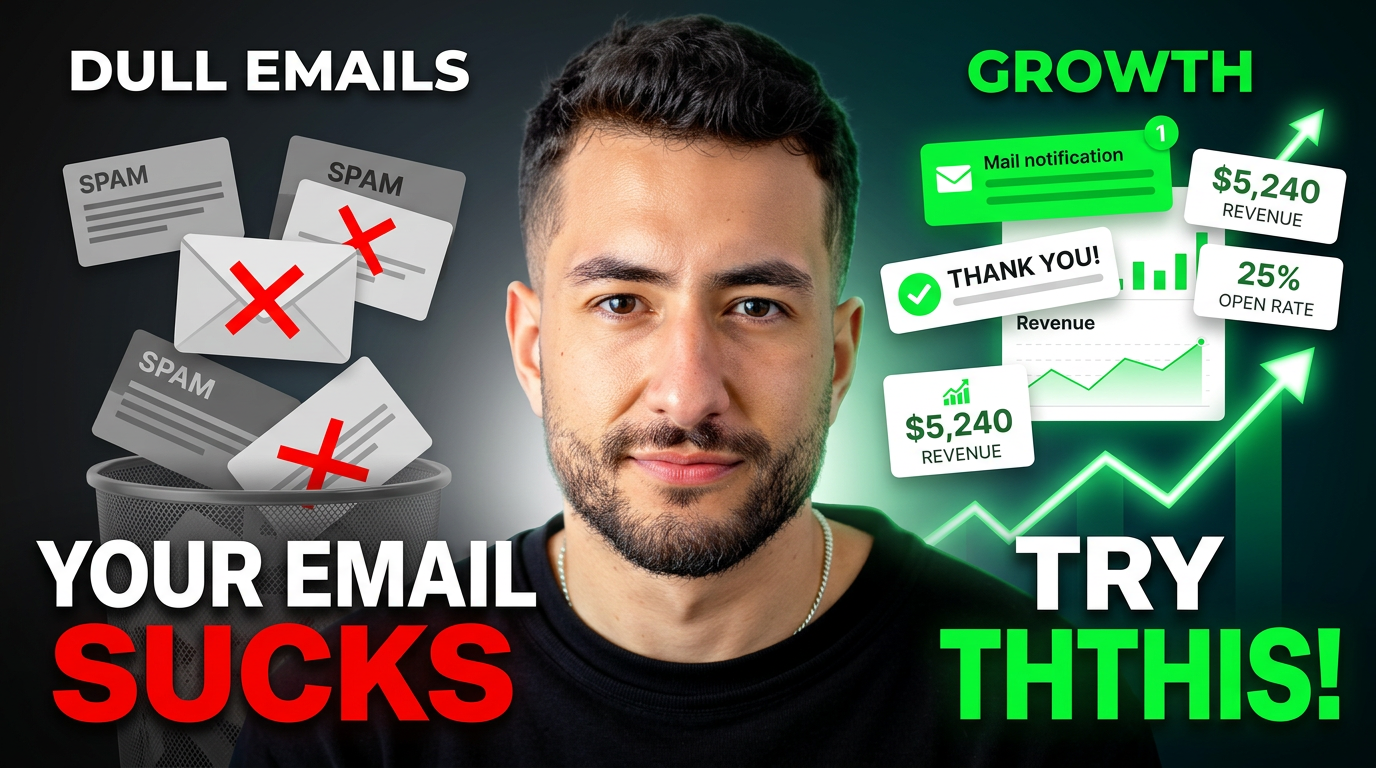 AI Design for Create an ultra high-quality 4K YouTube thumbnail for an email marketing success video. A confident young entrepreneur is centered, looking directly at the camera with a clean modern hairstyle and realistic facial details. The left side shows dull, grey, spam-like email cards falling into a trash bin with bold text: "YOUR EMAIL SUCKS". The right side is bright and vibrant with successful email notifications, positive customer messages, rising revenue popups, and a glowing green upward chart with bold text: "TRY THIS". Add floating notification cards with realistic UI design, sales increases, customer testimonials, and clean email icons. Use dramatic cinematic lighting, high contrast, sharp focus, depth of field, vibrant colors, glossy effects, subtle glow, premium business aesthetic, modern YouTube thumbnail composition, eye-catching typography, professional color grading, photorealistic skin texture, ultra-detailed, HDR, crisp edges, viral click-through-rate design, 16:9 aspect ratio, extremely clean, no watermark, no blur, 4K, hyper realistic.