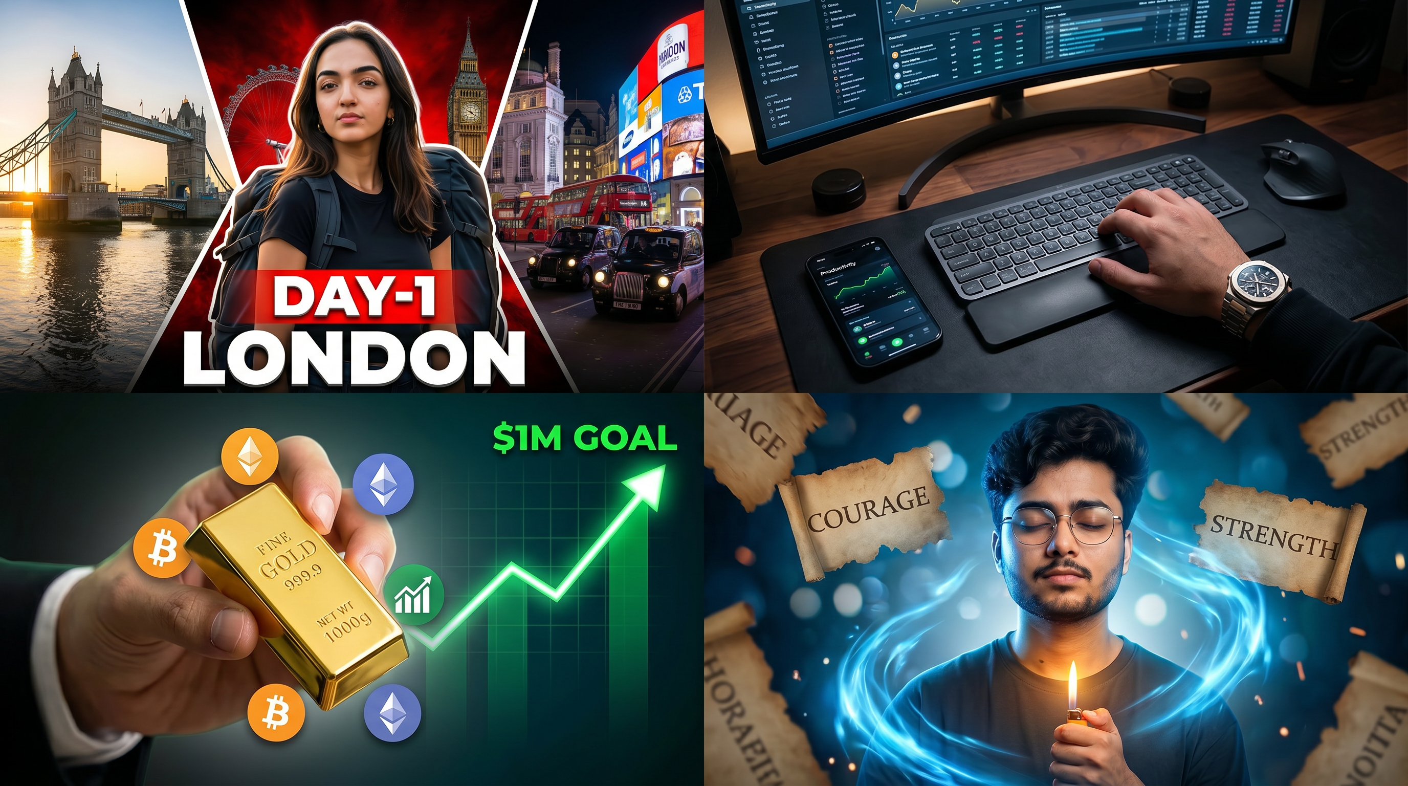 AI Design for Create a premium 4K YouTube thumbnail project with 4 unique, high-CTR designs in a 16:9 aspect ratio (3840×2160). Each thumbnail should have a cinematic look, ultra-HD quality, dramatic lighting, vibrant colors, sharp details, and a professional YouTube-style composition. Leave a clean, clearly visible space for a custom title and logo. Use eye-catching contrast, depth, realistic shadows, and modern visual storytelling. Every design must feel different while maintaining a premium brand identity. Include dynamic backgrounds, strong focal points, subtle motion effects, and high visual impact. Avoid clutter, blurry elements, watermarks, logos, and text unless specifically requested. The final output should be clean, polished, click-worthy, and optimized for maximum audience engagement and high CTR. Hyper-realistic, ultra-detailed, 4K, HDR, cinematic, professional thumbnail design, trending YouTube aesthetic.