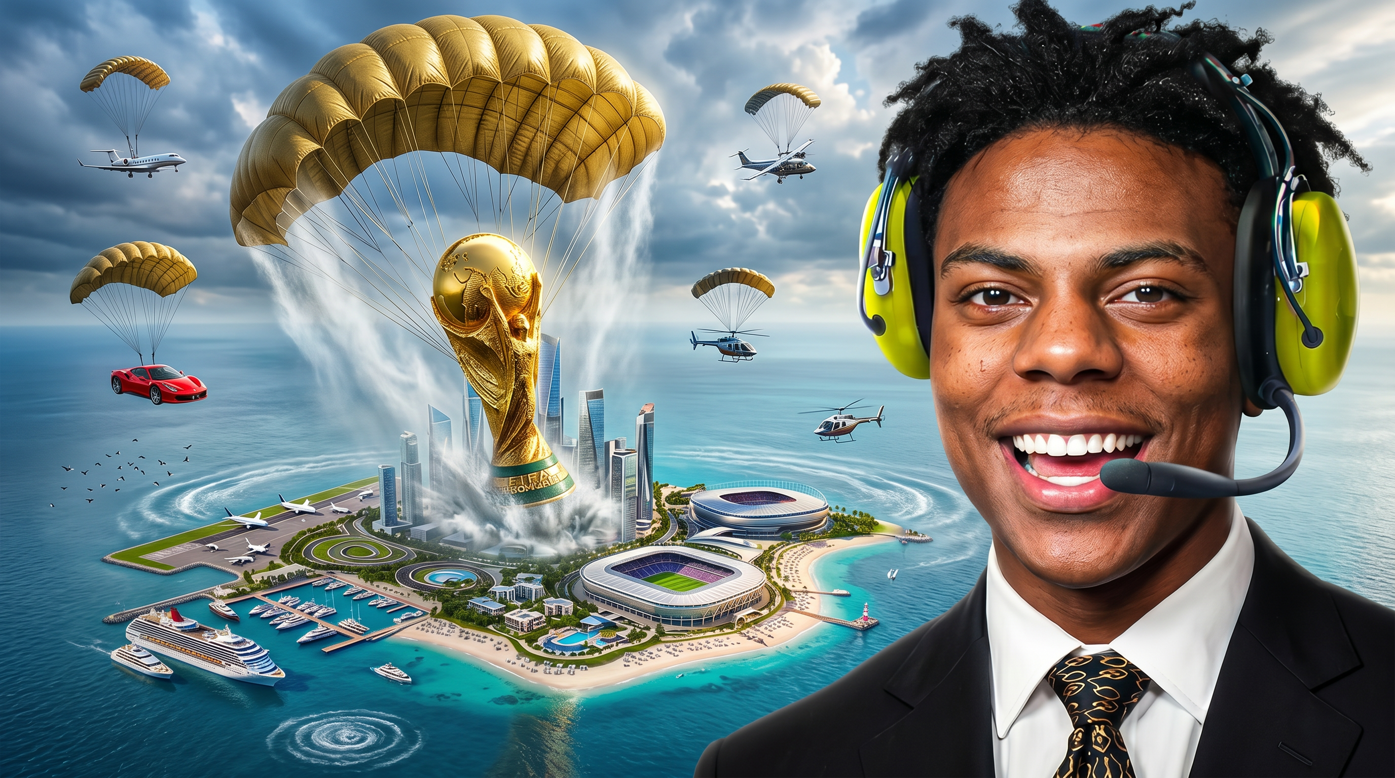 AI Design for Create an ultra-viral YouTube thumbnail in authentic MrBeast-inspired style with extreme realism, cinematic composition, and 8K HDR quality. The main scene shows a gigantic, hyper-realistic FIFA World Cup trophy descending dramatically from the sky using a massive military-grade golden parachute. The parachute is fully open with detailed ropes, realistic physics, and strong wind effects. The trophy is only a few meters above the ocean, creating huge splashes, mist, and shockwave ripples as it is about to land.

As the trophy touches the water, an entire futuristic luxury island is emerging from beneath the sea. The island includes ultra-modern skyscrapers, a massive football stadium, luxury villas, private airport, marina full of superyachts, cruise ship, palm beaches, helicopters, private jets, exotic resorts, and glowing city lights with breathtaking cinematic realism.

The gigantic FIFA World Cup trophy is suspended from a huge realistic parachute in the sky and is dramatically descending toward the island, creating an epic cinematic moment.

On the right side, place my uploaded face with 100% facial identity preserved, perfectly realistic skin texture, confident smile, luxury black suit, premium headset, dramatic rim lighting, ultra-sharp focus, and photorealistic quality.

Add multiple small parachutes, helicopters, flying planes, luxury sports cars suspended in the air, birds, volumetric clouds, god rays, ocean reflections, realistic water physics, HDR lighting, global illumination, ray tracing, depth of field, dynamic perspective, vibrant tropical colors, perfect color grading, insanely high detail, maximum click-through-rate composition, viral YouTube thumbnail design, Unreal Engine 5 quality, Hollywood VFX, Adobe Photoshop masterpiece, absolutely no cartoon look, pure photorealism, MrBeast-level thumbnail quality.

Negative Prompt:
low quality, blurry, cartoon, anime, CGI look, bad anatomy, distorted face, duplicate objects, extra limbs, bad lighting, unrealistic water, flat colors, poor composition, watermark, logo, text errors, pixelated, noise, oversaturated, deformed buildings, low detail, fake shadows