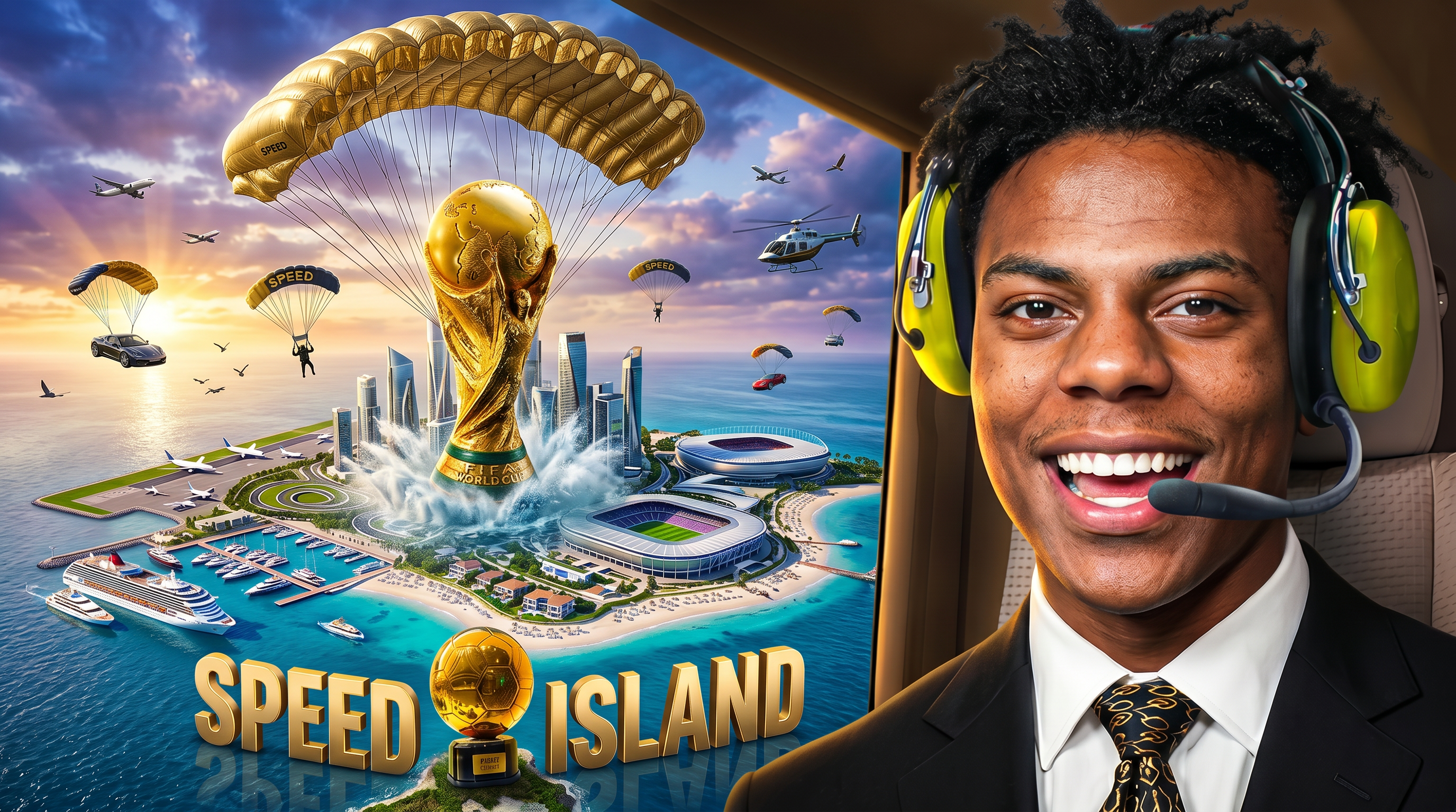AI Design for Create an ultra-viral YouTube thumbnail in authentic MrBeast-inspired style with extreme realism, cinematic composition, and 8K HDR quality. The main scene shows a gigantic, hyper-realistic FIFA World Cup trophy descending dramatically from the sky using a massive military-grade golden parachute. The parachute is fully open with detailed ropes, realistic physics, and strong wind effects. The trophy is only a few meters above the ocean, creating huge splashes, mist, and shockwave ripples as it is about to land.

As the trophy touches the water, an entire futuristic luxury island is emerging from beneath the sea. The island includes ultra-modern skyscrapers, a massive football stadium, luxury villas, private airport, marina full of superyachts, cruise ship, palm beaches, helicopters, private jets, exotic resorts, and glowing city lights with breathtaking cinematic realism.

The gigantic FIFA World Cup trophy is suspended from a huge realistic parachute in the sky and is dramatically descending toward the island, creating an epic cinematic moment.

On the right side, place my uploaded face with 100% facial identity preserved, perfectly realistic skin texture, confident smile, luxury black suit, premium headset, dramatic rim lighting, ultra-sharp focus, and photorealistic quality.

Add multiple small parachutes, helicopters, flying planes, luxury sports cars suspended in the air, birds, volumetric clouds, god rays, ocean reflections, realistic water physics, HDR lighting, global illumination, ray tracing, depth of field, dynamic perspective, vibrant tropical colors, perfect color grading, insanely high detail, maximum click-through-rate composition, viral YouTube thumbnail design, Unreal Engine 5 quality, Hollywood VFX, Adobe Photoshop masterpiece, absolutely no cartoon look, pure photorealism, MrBeast-level thumbnail quality.

Negative Prompt:
low quality, blurry, cartoon, anime, CGI look, bad anatomy, distorted face, duplicate objects, extra limbs, bad lighting, unrealistic water, flat colors, poor composition, watermark, logo, text errors, pixelated, noise, oversaturated, deformed buildings, low detail, fake shadows