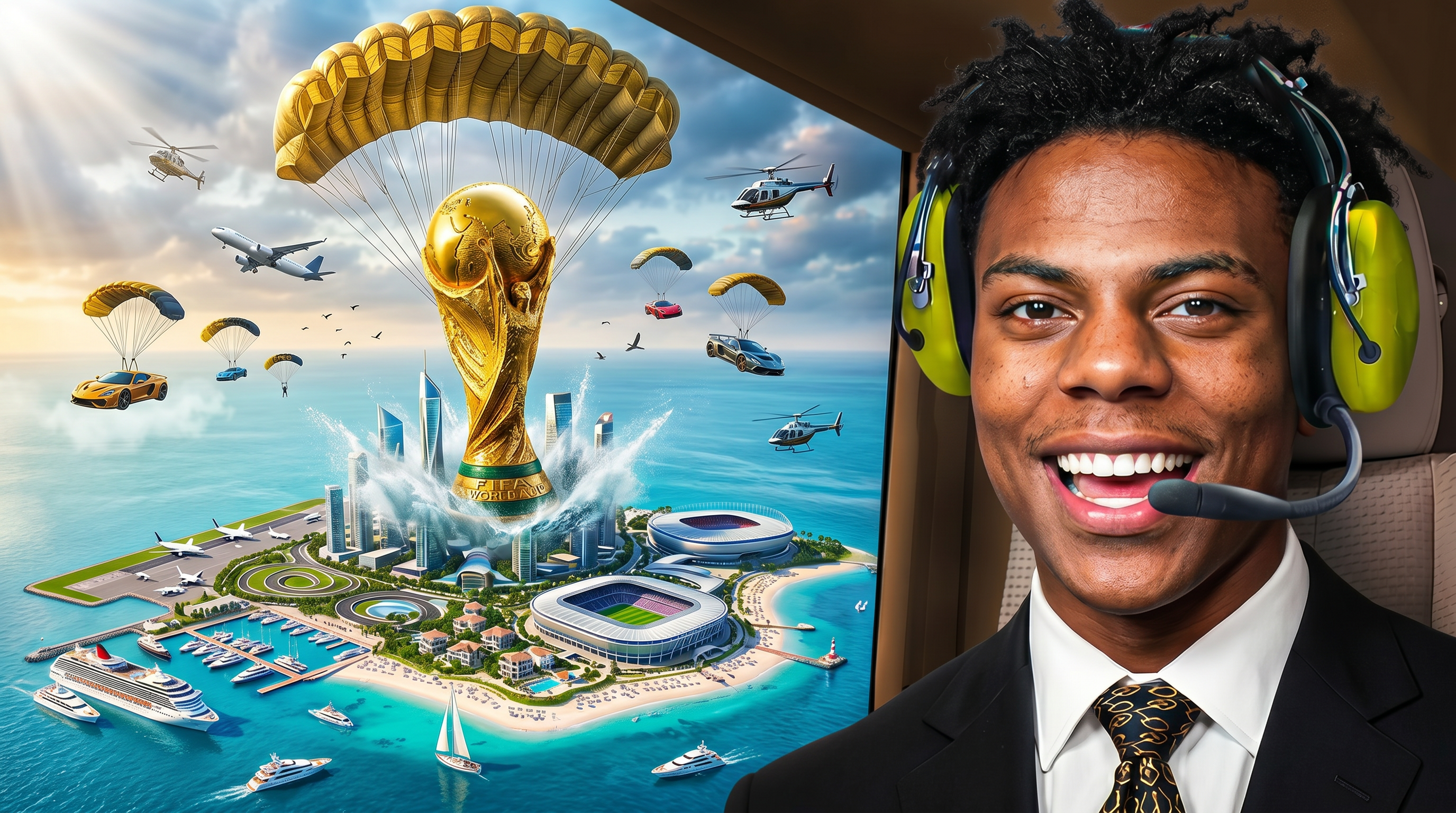 AI Design for Create an ultra-viral YouTube thumbnail in authentic MrBeast-inspired style with extreme realism, cinematic composition, and 8K HDR quality. The main scene shows a gigantic, hyper-realistic FIFA World Cup trophy descending dramatically from the sky using a massive military-grade golden parachute. The parachute is fully open with detailed ropes, realistic physics, and strong wind effects. The trophy is only a few meters above the ocean, creating huge splashes, mist, and shockwave ripples as it is about to land.

As the trophy touches the water, an entire futuristic luxury island is emerging from beneath the sea. The island includes ultra-modern skyscrapers, a massive football stadium, luxury villas, private airport, marina full of superyachts, cruise ship, palm beaches, helicopters, private jets, exotic resorts, and glowing city lights with breathtaking cinematic realism.

The gigantic FIFA World Cup trophy is suspended from a huge realistic parachute in the sky and is dramatically descending toward the island, creating an epic cinematic moment.

On the right side, place my uploaded face with 100% facial identity preserved, perfectly realistic skin texture, confident smile, luxury black suit, premium headset, dramatic rim lighting, ultra-sharp focus, and photorealistic quality.

Add multiple small parachutes, helicopters, flying planes, luxury sports cars suspended in the air, birds, volumetric clouds, god rays, ocean reflections, realistic water physics, HDR lighting, global illumination, ray tracing, depth of field, dynamic perspective, vibrant tropical colors, perfect color grading, insanely high detail, maximum click-through-rate composition, viral YouTube thumbnail design, Unreal Engine 5 quality, Hollywood VFX, Adobe Photoshop masterpiece, absolutely no cartoon look, pure photorealism, MrBeast-level thumbnail quality.

Negative Prompt:
low quality, blurry, cartoon, anime, CGI look, bad anatomy, distorted face, duplicate objects, extra limbs, bad lighting, unrealistic water, flat colors, poor composition, watermark, logo, text errors, pixelated, noise, oversaturated, deformed buildings, low detail, fake shadows