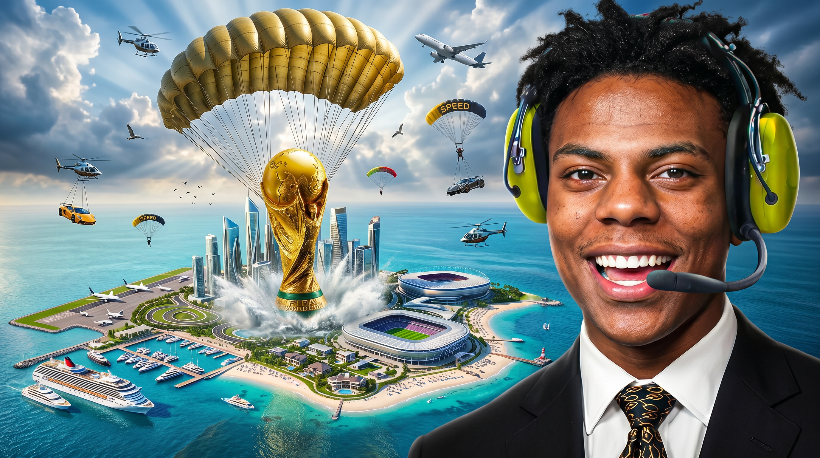 AI Design for Create an ultra-viral YouTube thumbnail in authentic MrBeast-inspired style with extreme realism, cinematic composition, and 8K HDR quality. The main scene shows a gigantic, hyper-realistic FIFA World Cup trophy descending dramatically from the sky using a massive military-grade golden parachute. The parachute is fully open with detailed ropes, realistic physics, and strong wind effects. The trophy is only a few meters above the ocean, creating huge splashes, mist, and shockwave ripples as it is about to land.

As the trophy touches the water, an entire futuristic luxury island is emerging from beneath the sea. The island includes ultra-modern skyscrapers, a massive football stadium, luxury villas, private airport, marina full of superyachts, cruise ship, palm beaches, helicopters, private jets, exotic resorts, and glowing city lights with breathtaking cinematic realism.

The gigantic FIFA World Cup trophy is suspended from a huge realistic parachute in the sky and is dramatically descending toward the island, creating an epic cinematic moment.

On the right side, place my uploaded face with 100% facial identity preserved, perfectly realistic skin texture, confident smile, luxury black suit, premium headset, dramatic rim lighting, ultra-sharp focus, and photorealistic quality.

Add multiple small parachutes, helicopters, flying planes, luxury sports cars suspended in the air, birds, volumetric clouds, god rays, ocean reflections, realistic water physics, HDR lighting, global illumination, ray tracing, depth of field, dynamic perspective, vibrant tropical colors, perfect color grading, insanely high detail, maximum click-through-rate composition, viral YouTube thumbnail design, Unreal Engine 5 quality, Hollywood VFX, Adobe Photoshop masterpiece, absolutely no cartoon look, pure photorealism, MrBeast-level thumbnail quality.

Negative Prompt:
low quality, blurry, cartoon, anime, CGI look, bad anatomy, distorted face, duplicate objects, extra limbs, bad lighting, unrealistic water, flat colors, poor composition, watermark, logo, text errors, pixelated, noise, oversaturated, deformed buildings, low detail, fake shadows