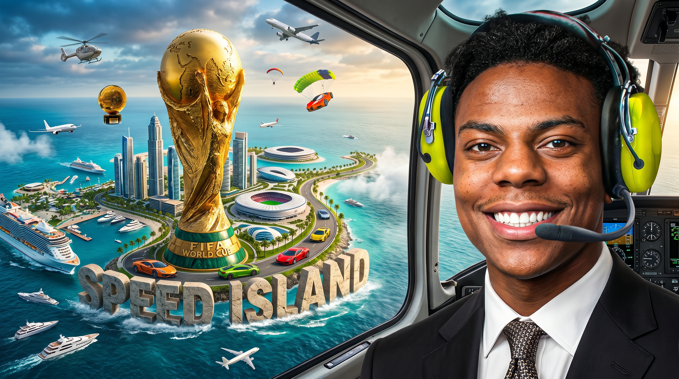 AI Design for Create an ultra-realistic YouTube thumbnail in the style of top-tier MrBeast thumbnails. Replace Cristiano Ronaldo with my uploaded photo, keeping my face 100% identical, highly detailed, sharp, smiling confidently, wearing a luxury black suit inside a helicopter cockpit. In the center of the ocean, a massive futuristic island is emerging dramatically from the sea. The island is formed by a giant realistic FIFA World Cup trophy rising from underwater, transforming into land. The island contains luxury skyscrapers, modern stadiums, yachts, private jets, palm beaches, cruise ships, and futuristic architecture. Replace the text "RONALDO ISLAND" with huge cinematic 3D text: "SPEED ISLAND" integrated into the ocean surface. Add floating golden Ballon d'Or trophy, luxury sports cars, parachutes, helicopters, and dramatic clouds. Use vibrant turquoise water, cinematic lighting, epic scale, realistic shadows, HDR, extreme detail, depth of field, professional color grading, hyper-realistic reflections, viral YouTube thumbnail composition, eye-catching contrast, photorealistic environment, 8K render quality, Unreal Engine 5, Adobe Photoshop masterpiece, maximum click-through-rate design, MrBeast-level thumbnail quality, highly engaging and realistic.