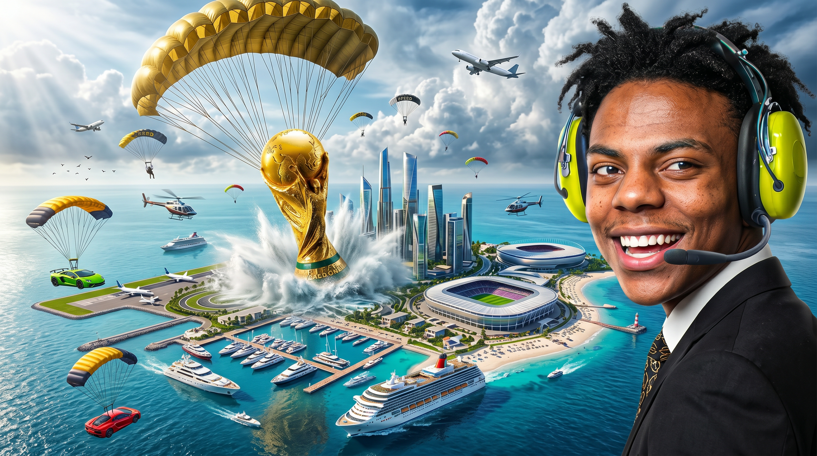 AI Design for Create an ultra-viral YouTube thumbnail in authentic MrBeast-inspired style with extreme realism, cinematic composition, and 8K HDR quality. The main scene shows a gigantic, hyper-realistic FIFA World Cup trophy descending dramatically from the sky using a massive military-grade golden parachute. The parachute is fully open with detailed ropes, realistic physics, and strong wind effects. The trophy is only a few meters above the ocean, creating huge splashes, mist, and shockwave ripples as it is about to land.

As the trophy touches the water, an entire futuristic luxury island is emerging from beneath the sea. The island includes ultra-modern skyscrapers, a massive football stadium, luxury villas, private airport, marina full of superyachts, cruise ship, palm beaches, helicopters, private jets, exotic resorts, and glowing city lights with breathtaking cinematic realism.

The gigantic FIFA World Cup trophy is suspended from a huge realistic parachute in the sky and is dramatically descending toward the island, creating an epic cinematic moment.

On the right side, place my uploaded face with 100% facial identity preserved, perfectly realistic skin texture, confident smile, luxury black suit, premium headset, dramatic rim lighting, ultra-sharp focus, and photorealistic quality.

Add multiple small parachutes, helicopters, flying planes, luxury sports cars suspended in the air, birds, volumetric clouds, god rays, ocean reflections, realistic water physics, HDR lighting, global illumination, ray tracing, depth of field, dynamic perspective, vibrant tropical colors, perfect color grading, insanely high detail, maximum click-through-rate composition, viral YouTube thumbnail design, Unreal Engine 5 quality, Hollywood VFX, Adobe Photoshop masterpiece, absolutely no cartoon look, pure photorealism, MrBeast-level thumbnail quality.

Negative Prompt:
low quality, blurry, cartoon, anime, CGI look, bad anatomy, distorted face, duplicate objects, extra limbs, bad lighting, unrealistic water, flat colors, poor composition, watermark, logo, text errors, pixelated, noise, oversaturated, deformed buildings, low detail, fake shadows