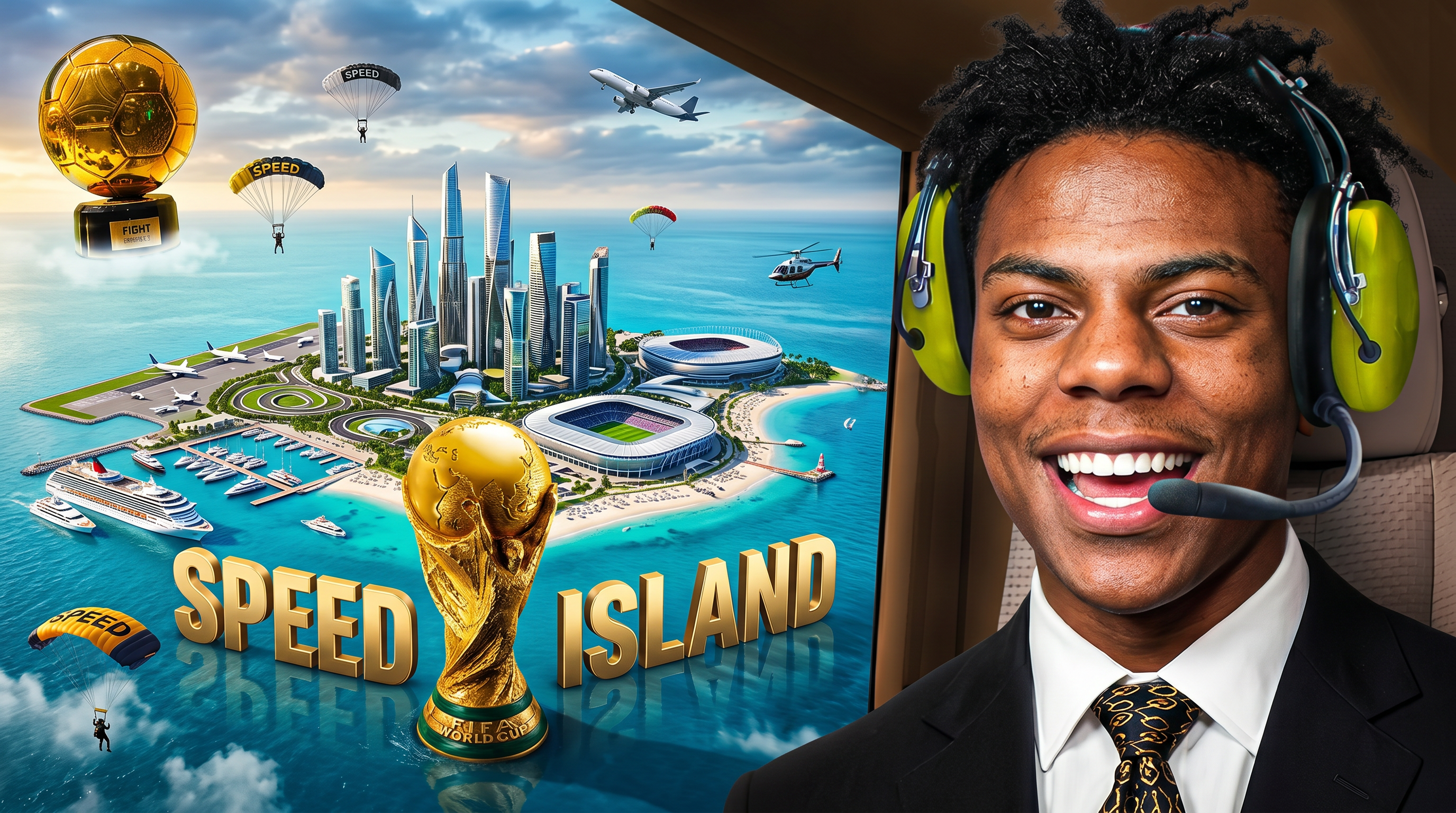 AI Design for Create an ultra-realistic YouTube thumbnail in the style of top-tier MrBeast thumbnails. Replace Cristiano Ronaldo with my uploaded photo, keeping my face 100% identical, highly detailed, sharp, smiling confidently, wearing a luxury black suit inside a helicopter cockpit. In the center of the ocean, a massive futuristic island is emerging dramatically from the sea. The island is formed by a giant realistic FIFA World Cup trophy rising from underwater, transforming into land. The island contains luxury skyscrapers, modern stadiums, yachts, private jets, palm beaches, cruise ships, and futuristic architecture. Replace the text "RONALDO ISLAND" with huge cinematic 3D text: "SPEED ISLAND" integrated into the ocean surface. Add floating golden Ballon d'Or trophy, luxury sports cars, parachutes, helicopters, and dramatic clouds. Use vibrant turquoise water, cinematic lighting, epic scale, realistic shadows, HDR, extreme detail, depth of field, professional color grading, hyper-realistic reflections, viral YouTube thumbnail composition, eye-catching contrast, photorealistic environment, 8K render quality, Unreal Engine 5, Adobe Photoshop masterpiece, maximum click-through-rate design, MrBeast-level thumbnail quality, highly engaging and realistic.