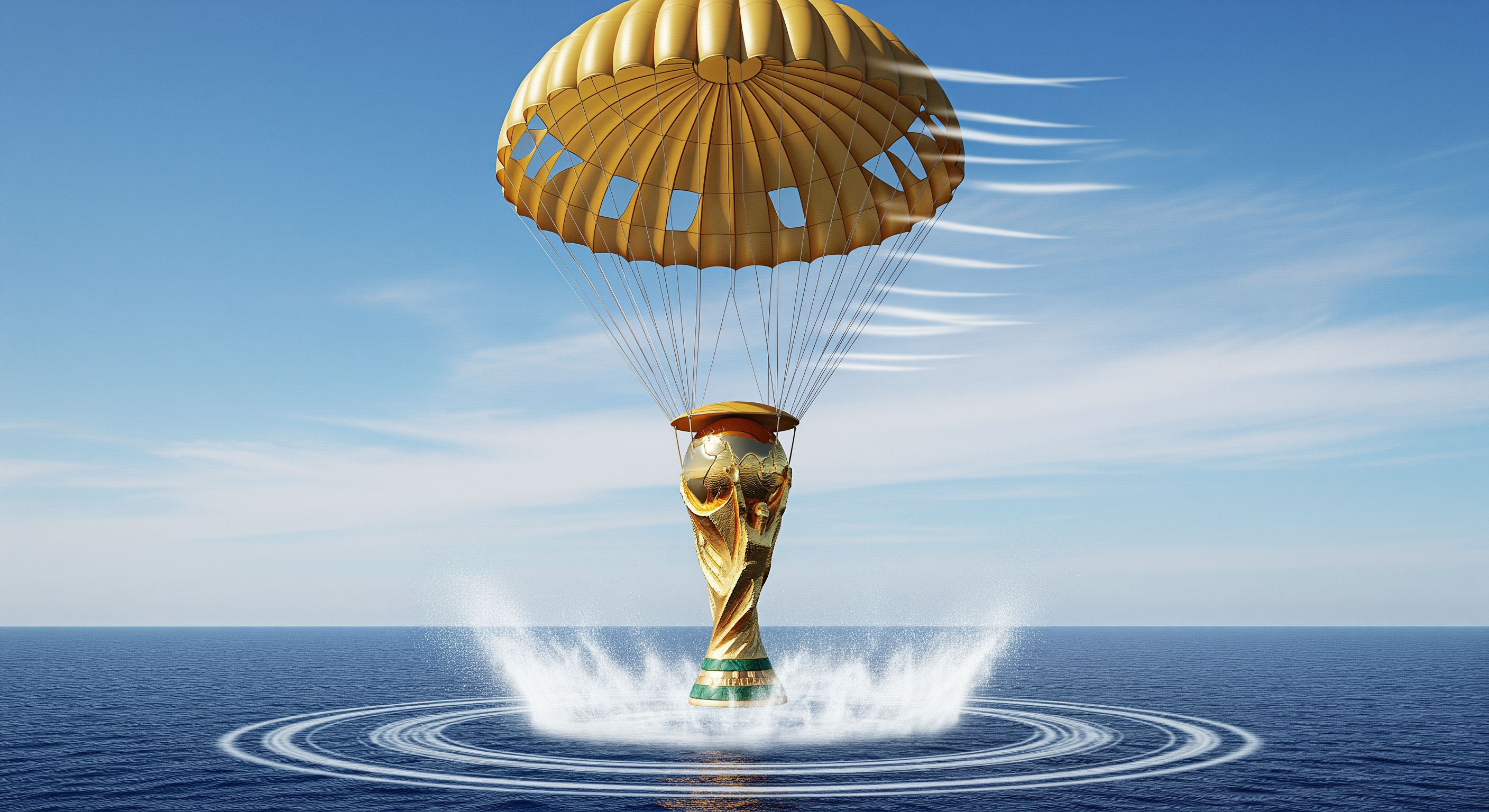 AI Design for Create an ultra-viral YouTube thumbnail in authentic MrBeast-inspired style with extreme realism, cinematic composition, and 8K HDR quality. The main scene shows a gigantic, hyper-realistic FIFA World Cup trophy descending dramatically from the sky using a massive military-grade golden parachute. The parachute is fully open with detailed ropes, realistic physics, and strong wind effects. The trophy is only a few meters above the ocean, creating huge splashes, mist, and shockwave ripples as it is about to land.

As the trophy touches the water, an entire futuristic luxury island is emerging from beneath the sea. The island includes ultra-modern skyscrapers, a massive football stadium, luxury villas, private airport, marina full of superyachts, cruise ship, palm beaches, helicopters, private jets, exotic resorts, and glowing city lights with breathtaking cinematic realism.

The gigantic FIFA World Cup trophy is suspended from a huge realistic parachute in the sky and is dramatically descending toward the island, creating an epic cinematic moment.

On the right side, place my uploaded face with 100% facial identity preserved, perfectly realistic skin texture, confident smile, luxury black suit, premium headset, dramatic rim lighting, ultra-sharp focus, and photorealistic quality.

Add multiple small parachutes, helicopters, flying planes, luxury sports cars suspended in the air, birds, volumetric clouds, god rays, ocean reflections, realistic water physics, HDR lighting, global illumination, ray tracing, depth of field, dynamic perspective, vibrant tropical colors, perfect color grading, insanely high detail, maximum click-through-rate composition, viral YouTube thumbnail design, Unreal Engine 5 quality, Hollywood VFX, Adobe Photoshop masterpiece, absolutely no cartoon look, pure photorealism, MrBeast-level thumbnail quality.

Negative Prompt:
low quality, blurry, cartoon, anime, CGI look, bad anatomy, distorted face, duplicate objects, extra limbs, bad lighting, unrealistic water, flat colors, poor composition, watermark, logo, text errors, pixelated, noise, oversaturated, deformed buildings, low detail, fake shadows