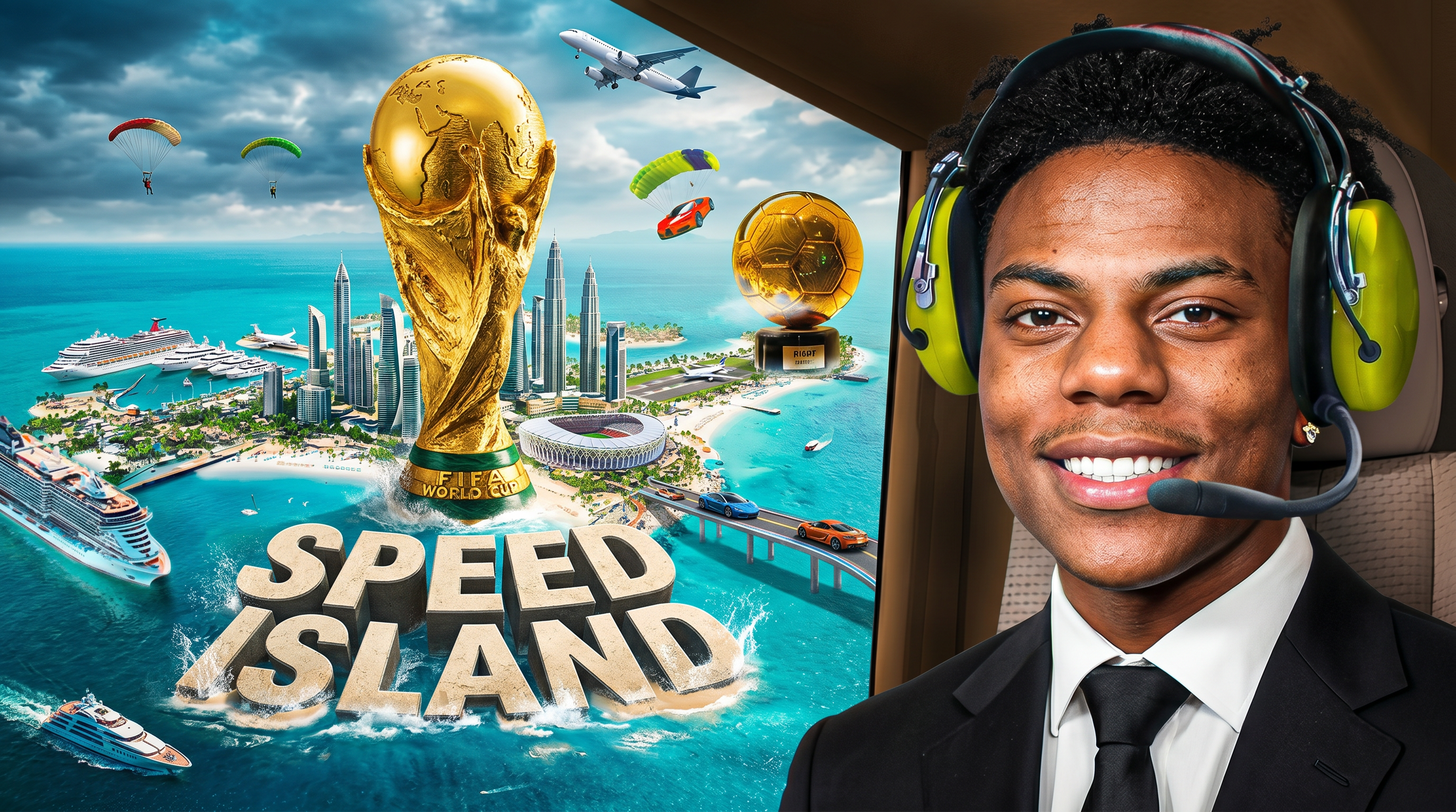 AI Design for Create an ultra-realistic YouTube thumbnail in the style of top-tier MrBeast thumbnails. Replace Cristiano Ronaldo with my uploaded photo, keeping my face 100% identical, highly detailed, sharp, smiling confidently, wearing a luxury black suit inside a helicopter cockpit. In the center of the ocean, a massive futuristic island is emerging dramatically from the sea. The island is formed by a giant realistic FIFA World Cup trophy rising from underwater, transforming into land. The island contains luxury skyscrapers, modern stadiums, yachts, private jets, palm beaches, cruise ships, and futuristic architecture. Replace the text "RONALDO ISLAND" with huge cinematic 3D text: "SPEED ISLAND" integrated into the ocean surface. Add floating golden Ballon d'Or trophy, luxury sports cars, parachutes, helicopters, and dramatic clouds. Use vibrant turquoise water, cinematic lighting, epic scale, realistic shadows, HDR, extreme detail, depth of field, professional color grading, hyper-realistic reflections, viral YouTube thumbnail composition, eye-catching contrast, photorealistic environment, 8K render quality, Unreal Engine 5, Adobe Photoshop masterpiece, maximum click-through-rate design, MrBeast-level thumbnail quality, highly engaging and realistic.