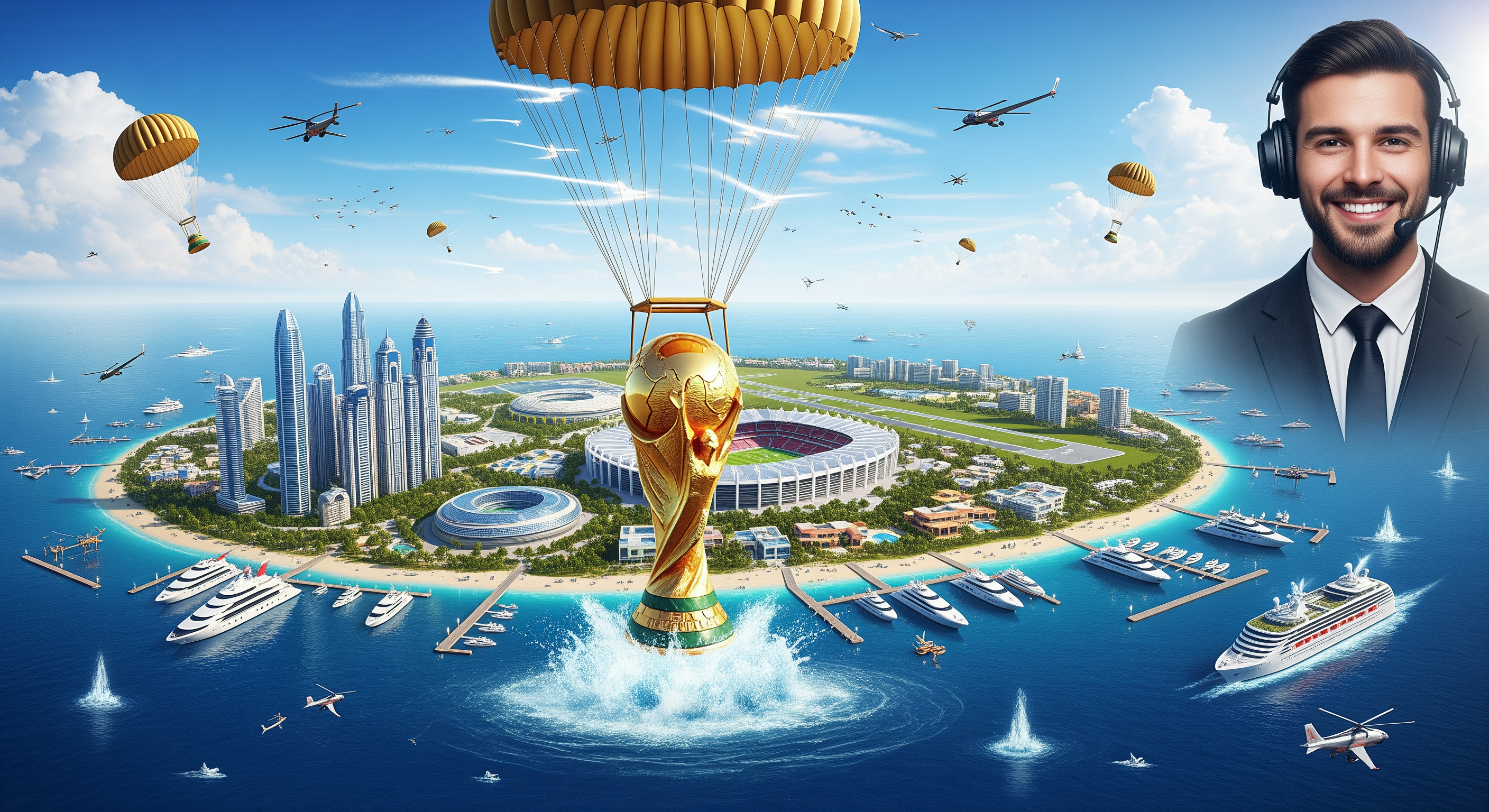 AI Design for Create an ultra-viral YouTube thumbnail in authentic MrBeast-inspired style with extreme realism, cinematic composition, and 8K HDR quality. The main scene shows a gigantic, hyper-realistic FIFA World Cup trophy descending dramatically from the sky using a massive military-grade golden parachute. The parachute is fully open with detailed ropes, realistic physics, and strong wind effects. The trophy is only a few meters above the ocean, creating huge splashes, mist, and shockwave ripples as it is about to land.

As the trophy touches the water, an entire futuristic luxury island is emerging from beneath the sea. The island includes ultra-modern skyscrapers, a massive football stadium, luxury villas, private airport, marina full of superyachts, cruise ship, palm beaches, helicopters, private jets, exotic resorts, and glowing city lights with breathtaking cinematic realism.

The gigantic FIFA World Cup trophy is suspended from a huge realistic parachute in the sky and is dramatically descending toward the island, creating an epic cinematic moment.

On the right side, place my uploaded face with 100% facial identity preserved, perfectly realistic skin texture, confident smile, luxury black suit, premium headset, dramatic rim lighting, ultra-sharp focus, and photorealistic quality.

Add multiple small parachutes, helicopters, flying planes, luxury sports cars suspended in the air, birds, volumetric clouds, god rays, ocean reflections, realistic water physics, HDR lighting, global illumination, ray tracing, depth of field, dynamic perspective, vibrant tropical colors, perfect color grading, insanely high detail, maximum click-through-rate composition, viral YouTube thumbnail design, Unreal Engine 5 quality, Hollywood VFX, Adobe Photoshop masterpiece, absolutely no cartoon look, pure photorealism, MrBeast-level thumbnail quality.

Negative Prompt:
low quality, blurry, cartoon, anime, CGI look, bad anatomy, distorted face, duplicate objects, extra limbs, bad lighting, unrealistic water, flat colors, poor composition, watermark, logo, text errors, pixelated, noise, oversaturated, deformed buildings, low detail, fake shadows