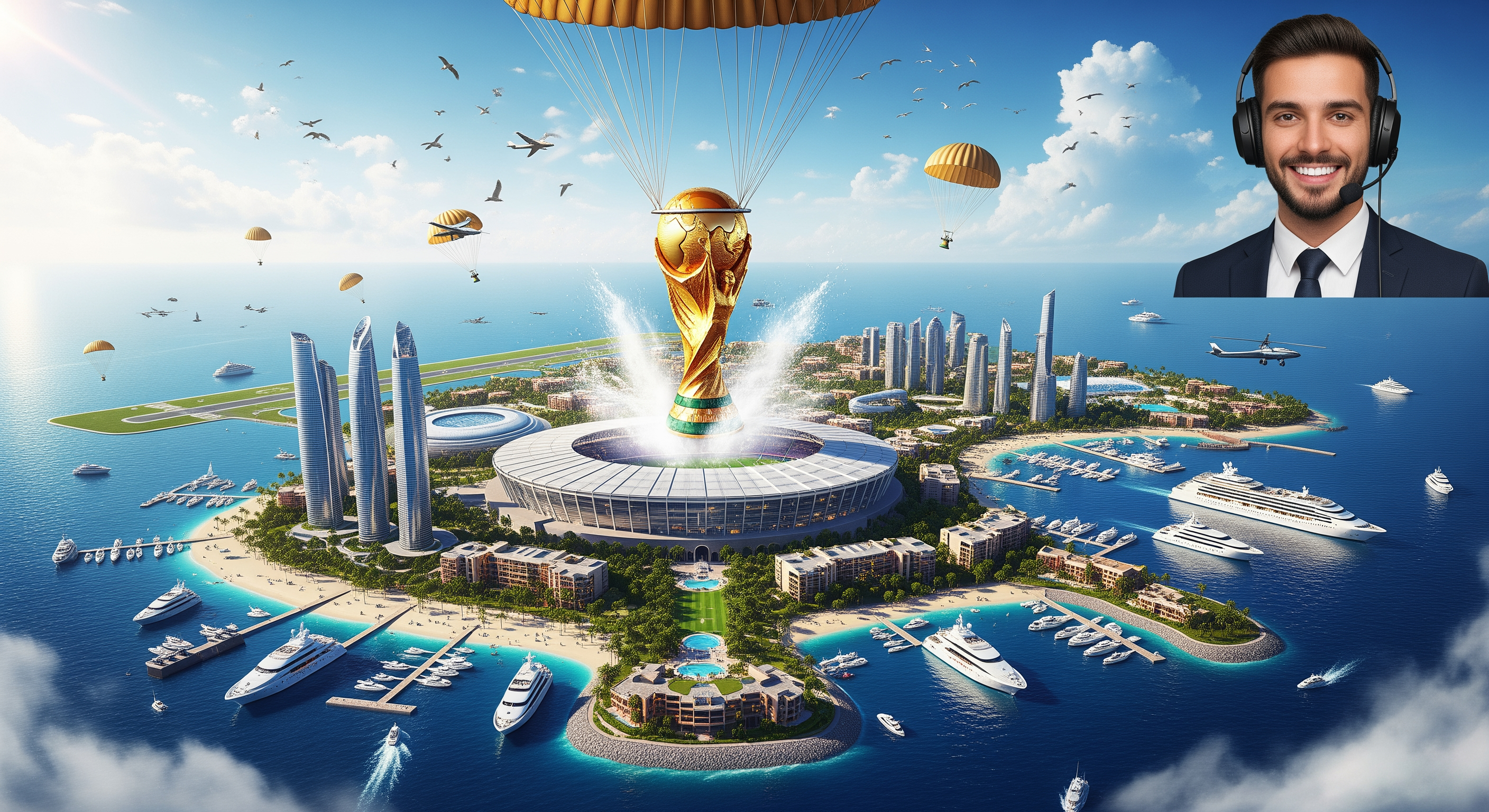 AI Design for Create an ultra-viral YouTube thumbnail in authentic MrBeast-inspired style with extreme realism, cinematic composition, and 8K HDR quality. The main scene shows a gigantic, hyper-realistic FIFA World Cup trophy descending dramatically from the sky using a massive military-grade golden parachute. The parachute is fully open with detailed ropes, realistic physics, and strong wind effects. The trophy is only a few meters above the ocean, creating huge splashes, mist, and shockwave ripples as it is about to land.

As the trophy touches the water, an entire futuristic luxury island is emerging from beneath the sea. The island includes ultra-modern skyscrapers, a massive football stadium, luxury villas, private airport, marina full of superyachts, cruise ship, palm beaches, helicopters, private jets, exotic resorts, and glowing city lights with breathtaking cinematic realism.

The gigantic FIFA World Cup trophy is suspended from a huge realistic parachute in the sky and is dramatically descending toward the island, creating an epic cinematic moment.

On the right side, place my uploaded face with 100% facial identity preserved, perfectly realistic skin texture, confident smile, luxury black suit, premium headset, dramatic rim lighting, ultra-sharp focus, and photorealistic quality.

Add multiple small parachutes, helicopters, flying planes, luxury sports cars suspended in the air, birds, volumetric clouds, god rays, ocean reflections, realistic water physics, HDR lighting, global illumination, ray tracing, depth of field, dynamic perspective, vibrant tropical colors, perfect color grading, insanely high detail, maximum click-through-rate composition, viral YouTube thumbnail design, Unreal Engine 5 quality, Hollywood VFX, Adobe Photoshop masterpiece, absolutely no cartoon look, pure photorealism, MrBeast-level thumbnail quality.

Negative Prompt:
low quality, blurry, cartoon, anime, CGI look, bad anatomy, distorted face, duplicate objects, extra limbs, bad lighting, unrealistic water, flat colors, poor composition, watermark, logo, text errors, pixelated, noise, oversaturated, deformed buildings, low detail, fake shadows