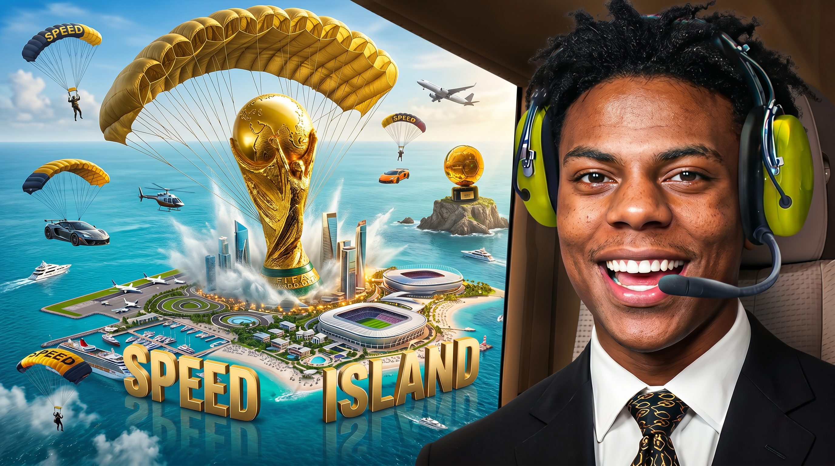 AI Design for Create an ultra-viral YouTube thumbnail in authentic MrBeast-inspired style with extreme realism, cinematic composition, and 8K HDR quality. The main scene shows a gigantic, hyper-realistic FIFA World Cup trophy descending dramatically from the sky using a massive military-grade golden parachute. The parachute is fully open with detailed ropes, realistic physics, and strong wind effects. The trophy is only a few meters above the ocean, creating huge splashes, mist, and shockwave ripples as it is about to land.

As the trophy touches the water, an entire futuristic luxury island is emerging from beneath the sea. The island includes ultra-modern skyscrapers, a massive football stadium, luxury villas, private airport, marina full of superyachts, cruise ship, palm beaches, helicopters, private jets, exotic resorts, and glowing city lights with breathtaking cinematic realism.

The gigantic FIFA World Cup trophy is suspended from a huge realistic parachute in the sky and is dramatically descending toward the island, creating an epic cinematic moment.

On the right side, place my uploaded face with 100% facial identity preserved, perfectly realistic skin texture, confident smile, luxury black suit, premium headset, dramatic rim lighting, ultra-sharp focus, and photorealistic quality.

Add multiple small parachutes, helicopters, flying planes, luxury sports cars suspended in the air, birds, volumetric clouds, god rays, ocean reflections, realistic water physics, HDR lighting, global illumination, ray tracing, depth of field, dynamic perspective, vibrant tropical colors, perfect color grading, insanely high detail, maximum click-through-rate composition, viral YouTube thumbnail design, Unreal Engine 5 quality, Hollywood VFX, Adobe Photoshop masterpiece, absolutely no cartoon look, pure photorealism, MrBeast-level thumbnail quality.

Negative Prompt:
low quality, blurry, cartoon, anime, CGI look, bad anatomy, distorted face, duplicate objects, extra limbs, bad lighting, unrealistic water, flat colors, poor composition, watermark, logo, text errors, pixelated, noise, oversaturated, deformed buildings, low detail, fake shadows