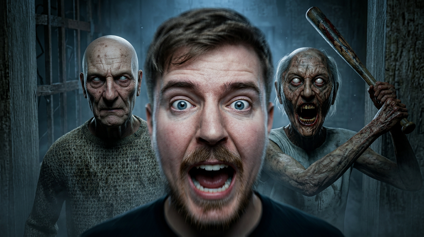 AI Design for Ultra-realistic 4K cinematic horror YouTube thumbnail. The main subject (me) is positioned extremely close to the camera in the absolute foreground, occupying around 50–60% of the frame, with a terrified expression, wide-open eyes, raised eyebrows, mouth slightly open in panic, looking directly at the viewer while running away. Granny and Grandpa are directly behind me, only a few steps away, aggressively chasing me, creating an intense sense of danger. Keep Granny and Grandpa's faces, glowing white eyes, wrinkles, skin texture, hair, clothing, and overall appearance 100% identical to the provided reference image with no facial changes. Granny is holding her blood-stained bat raised to attack, Grandpa has the same cold, emotionless stare and realistic appearance. Dark abandoned wooden hallway, eerie blue-gray lighting, cinematic volumetric fog, dust particles, dramatic shadows, realistic motion blur, high tension, survival horror atmosphere, HDR, ray-traced lighting, hyper-detailed textures, ultra-photorealistic skin, sharp focus on me, slightly blurred background for depth, extreme realism, AAA game-quality visuals, Hollywood horror movie style, 8K render quality, crystal-clear 4K thumbnail, highly clickable, no cartoon or CGI look.
