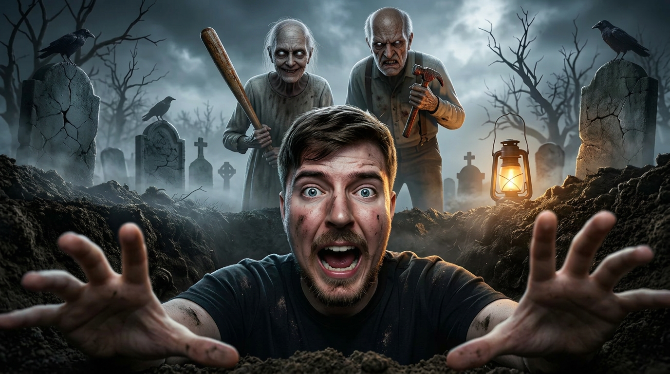 AI Design for Replace the existing old woman and old man with ultra-realistic versions of the original horror game Granny and Grandpa while preserving their iconic appearance and instantly recognizable design.
Keep the exact same composition, camera angle, perspective, lighting, grave position, cemetery environment, and overall cinematic layout.
Granny:
- Pale grey skin
- Empty glowing white eyes
- Thin dirty white dress
- Bald or very thin grey hair
- Creepy sinister smile
- Holding her iconic wooden bat with realistic worn texture
- Hyper-realistic skin details and horror atmosphere
Grandpa:
- Thin elderly man with pale skin
- Empty glowing white eyes
- Dirty worn-out clothes
- Angry terrifying facial expression
- Holding his iconic weapon
- Hyper-realistic facial textures with cinematic horror lighting
The environment must remain:
- Dark haunted graveyard
- Thick volumetric fog
- Dead trees
- Broken tombstones
- Black crows
- Cold blue moonlight
- Warm lantern glow
- Dramatic HDR lighting
- Volumetric shadows
- Cinematic atmosphere
The person trapped inside the grave must remain unchanged with an extremely terrified expression, realistic dirt on the face and hands, and both hands reaching toward the camera.
Style:
100% photorealistic, ultra-realistic, Unreal Engine 5 quality, AAA horror game cinematic, 8K render quality, HDR, global illumination, ultra-detailed textures, realistic skin pores, dramatic rim lighting, maximum realism, professional viral YouTube thumbnail, 16:9, 4K, ultra sharp, no blur, no watermark, no extra text.