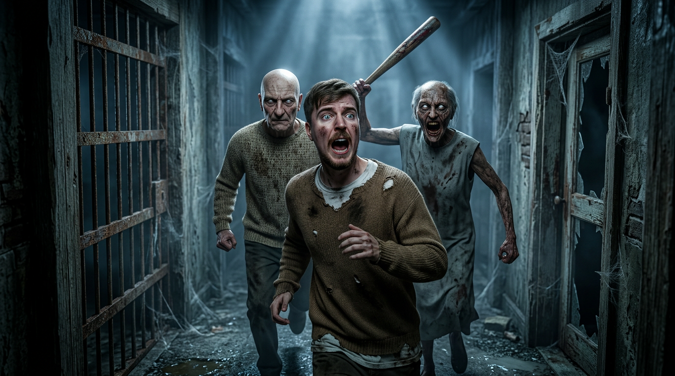 AI Design for Ultra-realistic 4K horror cinematic scene, inspired by the uploaded Granny and Grandpa characters, keeping Granny and Grandpa's faces, expressions, skin details, wrinkles, glowing white eyes, hair, clothing style, and overall appearance 100% consistent with the reference image. A terrified young man is sprinting through a dark abandoned wooden hallway after escaping from them, looking back with a shocked and fearful expression. Granny is aggressively chasing with her blood-stained bat raised, Grandpa is running closely behind with a cold, emotionless stare. Motion blur on the chase, dramatic volumetric fog, dusty air, broken wooden walls, eerie blue-gray lighting, realistic shadows, intense horror atmosphere, cinematic composition, hyper-detailed textures, ultra-photorealistic skin, lifelike lighting, HDR, depth of field, 8K quality rendered in 4K, extremely realistic, no cartoon style, no CGI look, high contrast, terrifying survival horror mood.