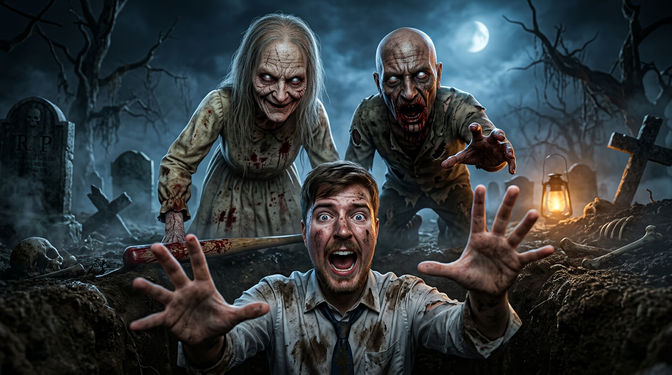 AI Design for Create an ultra-realistic 4K cinematic YouTube thumbnail inspired by the Granny horror game.
Scene:
A terrified young man is trapped deep inside an open grave at night, desperately reaching both hands toward the camera with an expression of pure panic. His face is covered with dirt and sweat, eyes wide open, mouth screaming in fear, and his clothes are muddy and damaged.
Standing directly behind the grave are two horrifying game-inspired characters:
• Granny – an extremely realistic version of the classic horror game character with pale cracked skin, glowing white eyes, long dirty gray hair, a creepy smile, a dirty white dress stained with age and blood, and her iconic wooden bat with dark blood stains.
• Grandpa – an extremely realistic version of the classic horror game character with a bald head, pale aged skin, glowing white eyes, torn dirty clothes, realistic wrinkles, a terrifying expression, and his iconic horror-game appearance.
Environment:
Dark haunted cemetery at midnight, cracked tombstones, dead trees, thick volumetric fog, ravens, broken crosses, scattered bones, muddy ground, eerie blue moonlight mixed with warm lantern light, cinematic smoke and horror atmosphere.
Camera:
Low-angle perspective from inside the grave looking upward, creating a trapped first-person feeling with dramatic depth.
Lighting:
Ultra cinematic HDR lighting, volumetric fog, ray-traced shadows, rim lighting, realistic reflections, dramatic contrast, global illumination.
Style:
100% photorealistic
Hyper realistic
AAA game quality
Hollywood horror movie look
Unreal Engine 5
8K quality rendering
Ultra detailed skin textures
Realistic wrinkles
Natural facial details
High-end horror realism
Professional YouTube thumbnail
Extremely sharp focus
Epic composition
Dark horror color grading
Maximum realism
Output:
3840×2160 (16:9)
No blur
No watermark
No logo
No text
Ultra HD
Thumbnail optimized
Viral click-worthy composition